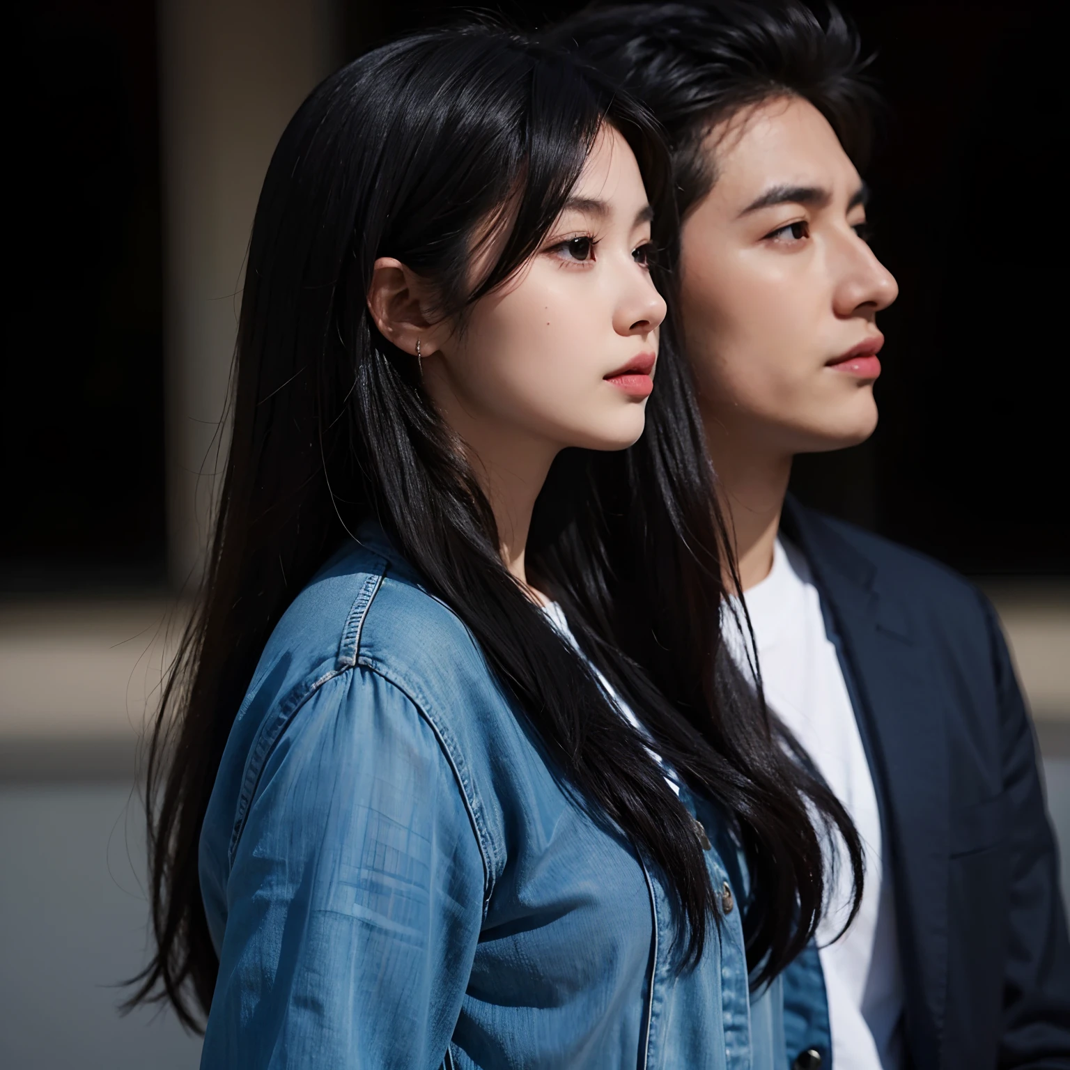 2 people, Women and men, attractive profile photo, masutepiece, Ultra-precise rendering, Beautiful and cool young woman, hopeful, A dependable young woman, Savior of the World, Simple design, most beautiful image, 4K, Black hair, Beautiful woman, Handsome man, facial hairs