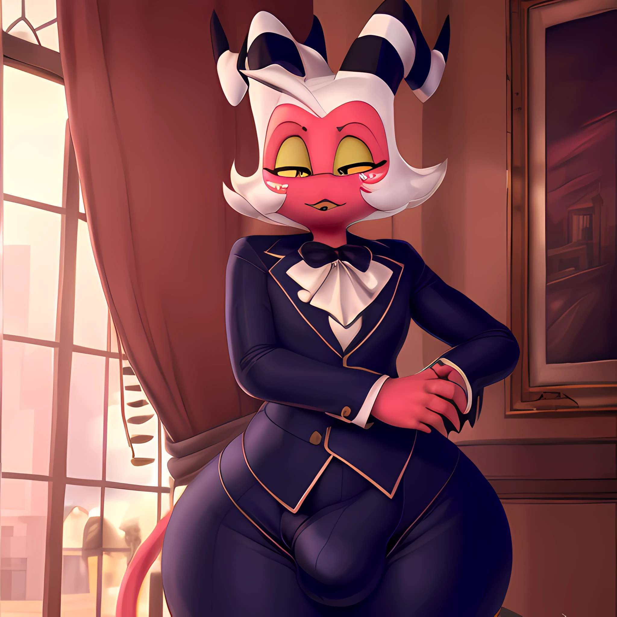 (by zackary911, by nextel, by personalami, by honovy), solo focus, male, (moxgoetia:1.5), short, noseless, (((((white hair, wide hips, thick thighs, bulge))))), ((zoot suit, wearing a mafia hat)), castle, night, inside, bedroom, ((oblivious)), masterpiece, best quality, photorealistic, hyperrealistic, ultradetailed, detailed background, photo background, digital drawing (artwork), bedroom eyes, spreading ass cheeks,