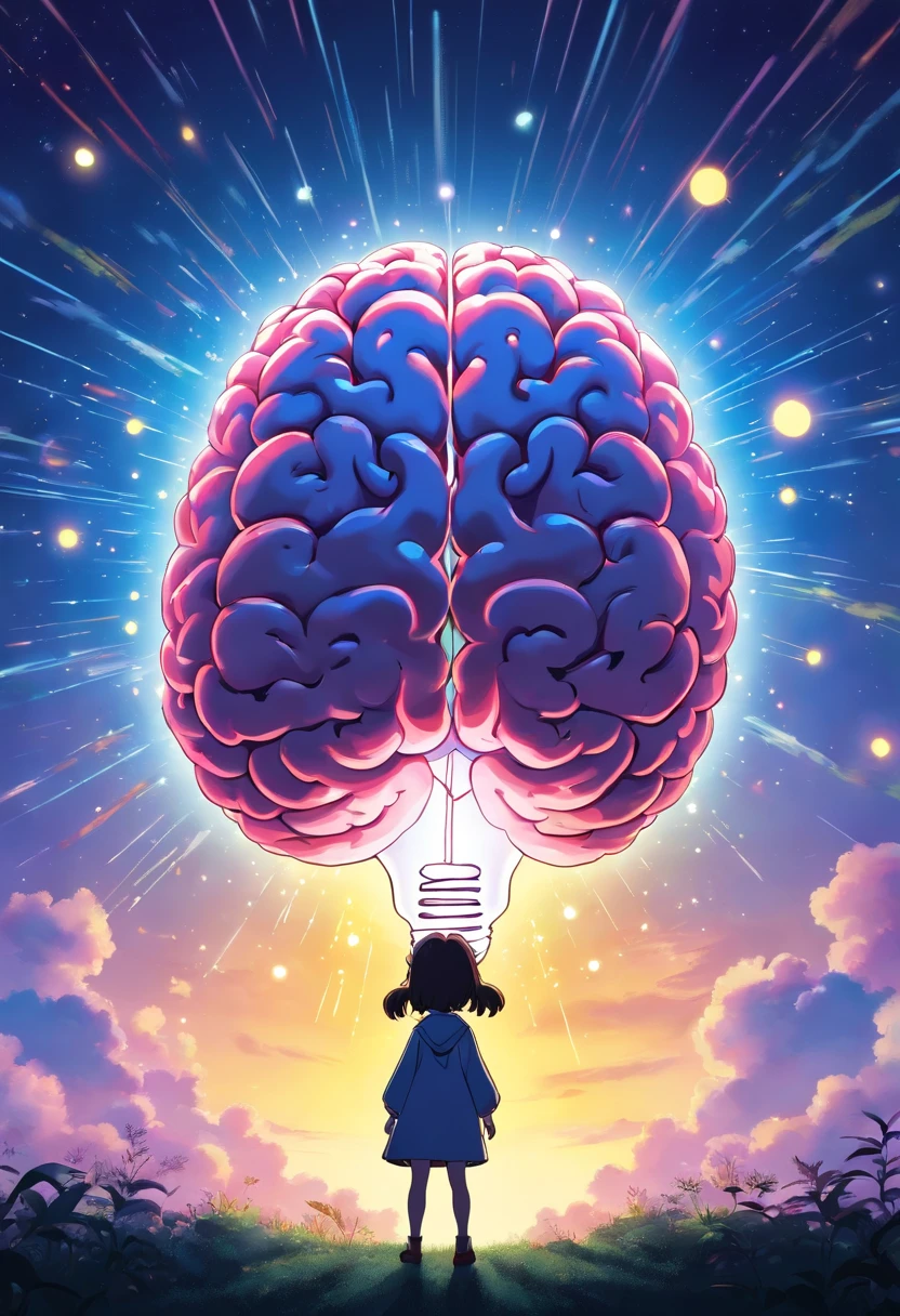 Silhouette or image of a brain with a bright dot in the center representing cognition or insight, complementado por elementos que simbolizam o conhecimento e a aprendizagem, like books or a light bulb. 16:9