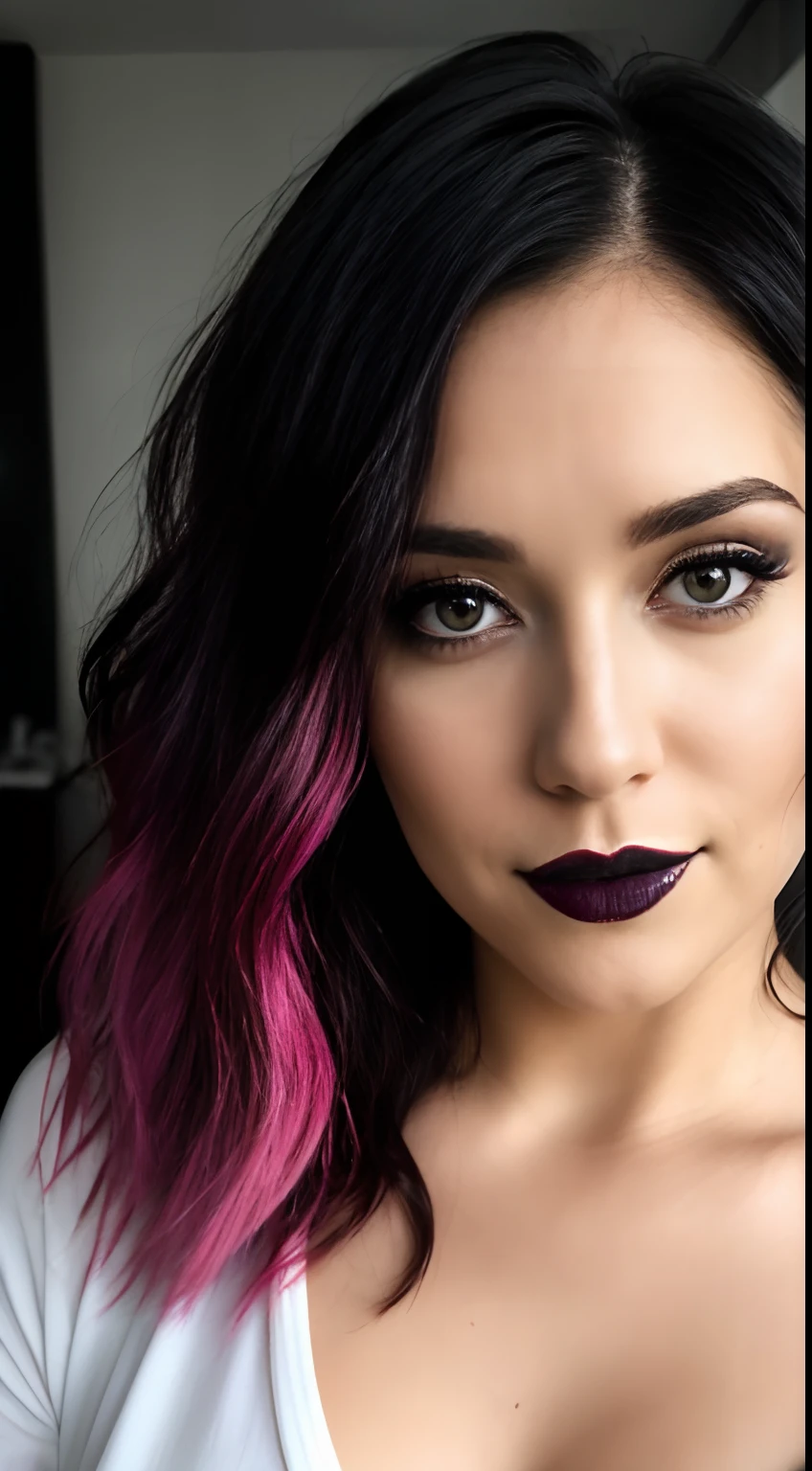 Photo from Instagram of a random woman , Facial portrait of a woman 16::35 years old, beatiful face, An American woman , makeup, hair color: White :::black :: Pink, A woman's skin is white , in sexy clothes, face confident, hard shadows, Maximum image resolution , Cinematic shot, dramatic lighting, blurred background