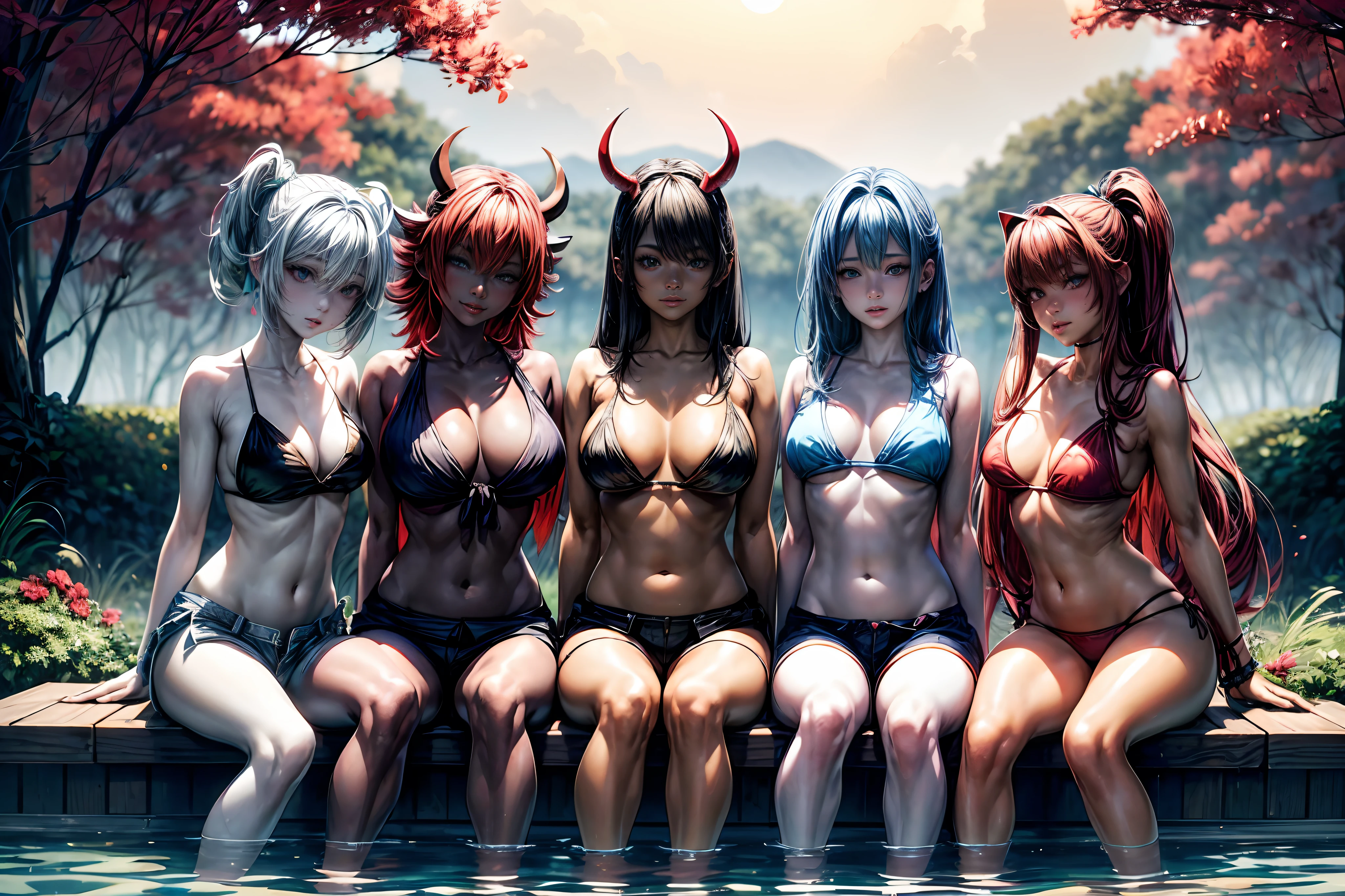 ((4babes)) , beach babes, pools ,A group of friends in bikinis and shorts, enjoying a day at the beach. The sun is shining brightly, casting a warm glow over the scene. The colors are vibrant and saturated, but with a soft and natural feel. , chic modern placid  farm girl clothes, feminine demeanor, tank top, short shorts, (multiple girls, harem:1.4,(red skinned):1.5, red skinned oni:1.4), sitting on fence, overlooking farm ,outdoor,scenery  smile, green eyes, black hair, cyberpunk farm, ,lightrays, thin  waist, big buttocks,feminine demeanor ,darkness, dark , luminous, glowing skin, bioluminescence, luminesce, partical, bioluminescent plants, glowing red forest, red skin ,red blood moon, more_details:-1, more_details:0, more_details:0.5, more_details:1, more_details:1.5