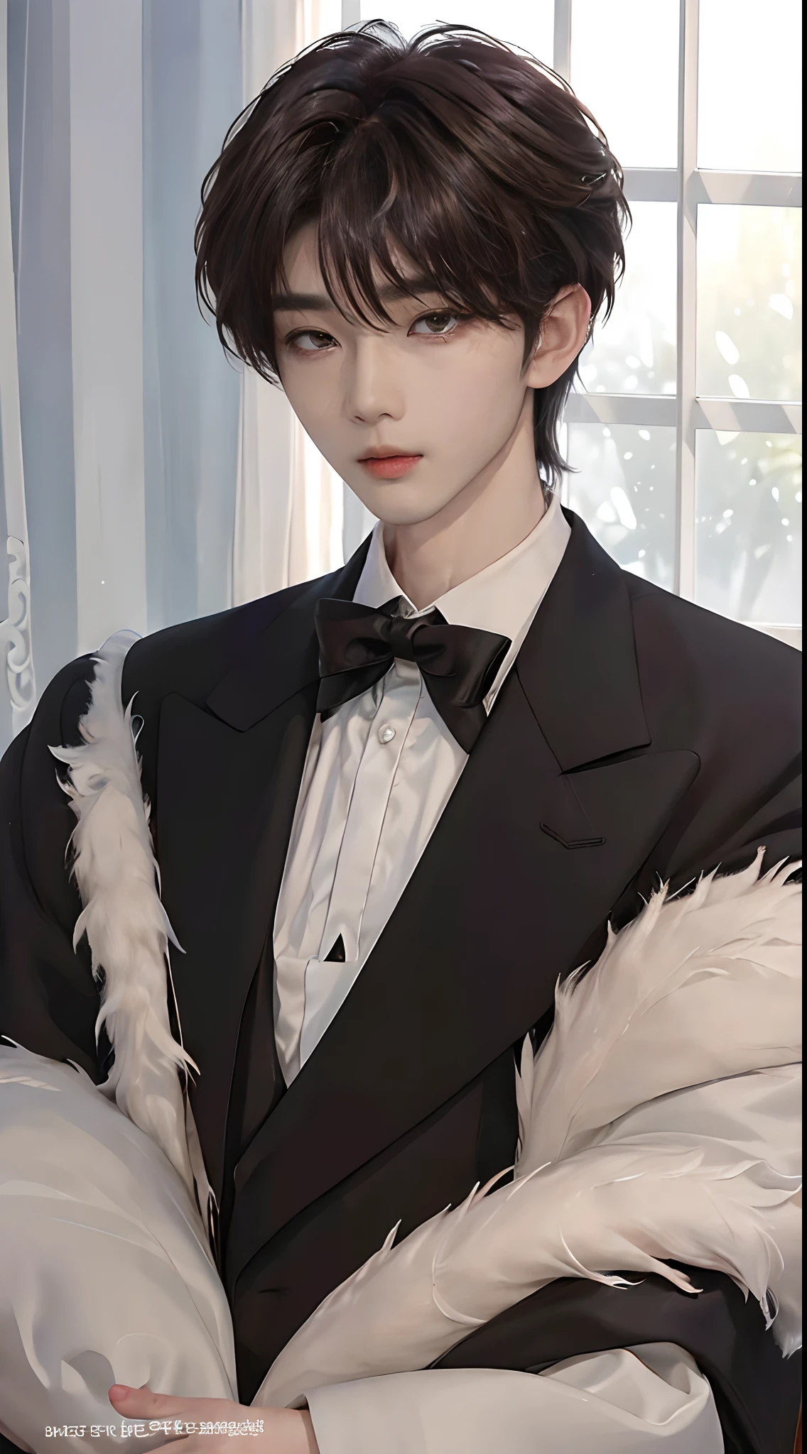 ((4K works))、​masterpiece、（top-quality)、((high-level image quality))、((One Manly Boy))、Slim body、((Man in black tuxedo))、(Detailed beautiful eyes)、window、deacon、Face similar to Chaewon in Ruseraphim、((short hair above the ears))、((Smaller face))、((Neutral face))、((Light brown eyes))、((Korean boy))、((18year old))、((Handsome man))、((A charming expression))、((Korean Makeup))、((elongated and sharp eyes))、((Focus zoom out))、((Butler Photos))、Professional Photos、((Magazine covers))、((Shot alone))、((Upper body photography))