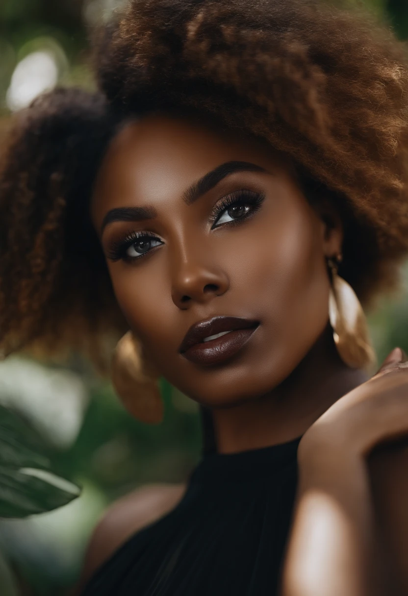 Black woman with wavy hair, yeux en amandes et long cils. Taille fine avec des hanches larges et une forte poitrine, charismatique et sensuelle