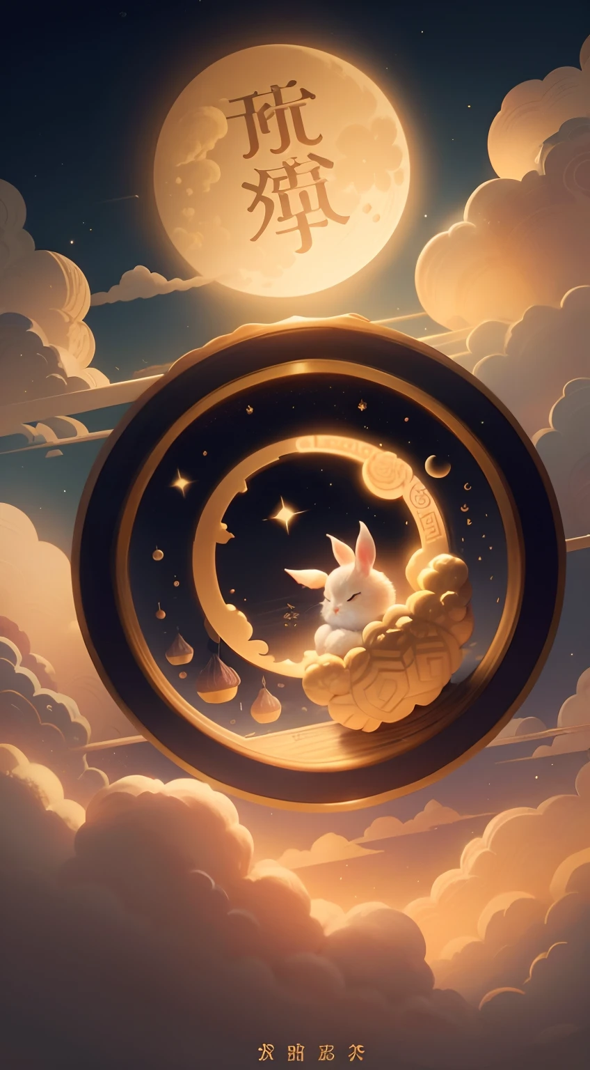 Mid-Autumn Festival poster ,Delicate mooncake picture around rabbit,gold background,Auspicious clouds,palaces,Moon ,Moon, mooncake, Auspicious clouds, Country tidal wind illustration