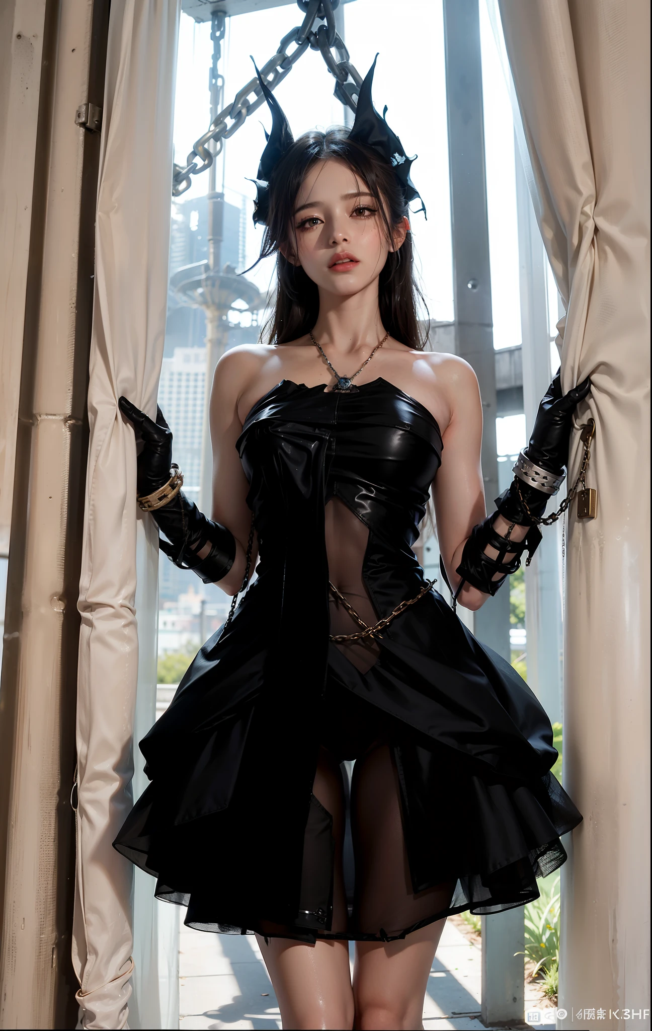 ,((Wearing a torn sheer costume of a superheroine)),(, No bra)), Wet crotch, Wet thighs, Beautiful girl with accentuated slender abs: 1.4, (((nipple tips protruding, areola is protruding, The shape of the pubic region is clearly visible)), sixpack abs: 1.4, Bust Botox, Photo, Sharpness, Unique 850 4, Koda850 k portrait camera, F1.6 shots, Ultra-realistic textures, Spectacular light textures, Cinestil 800 Fashion Mechanics, (futuristic sci-fi battle fashion: 1.1), (tied perfectly by chain), Restraint, Slaves, collars, ((wide prison with sunlight)), Dark fantasy, Realistic material details, extreme hight detail, Ultra-realistic materials ((Torn costume))), Wet, Cloudy, (Chained)), ((big emphasized by chains)), ((chains digging into crotch)), ( (Collar)), (, No bra), shredded costumes, broken golden shields and battle spears,, White combat gloves, Combat shoulder armor, Blood splattered on the face, Blood splattered, Realistic, (Bruises, Dirty, ripped clothing, skimpy clothing, Blood: 1.3), Torn Cape, Torn pantyhose, Long legs, ((iron pipe in the crotch)), Metallic shackles and fetters, ((chains hung from heaven)), Wet crotch is clearly visible, Swarovski's sword and the anatomy beneath his feet, (futuristic sci-fi battle fashion, Torn mesh stockings),