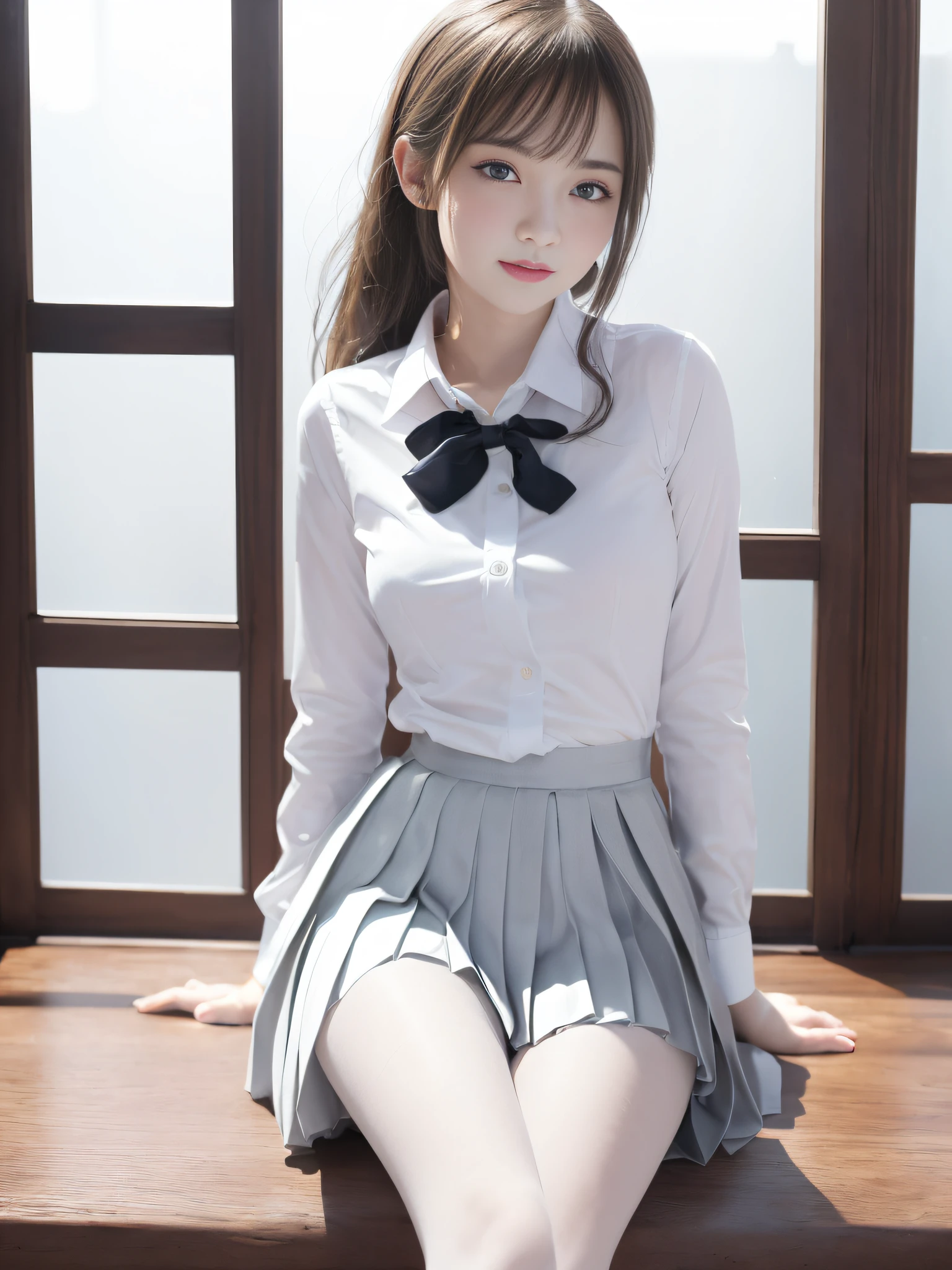 Ultra realistic 8K CG, Picture-perfect face, flawless, clean, masterpiece, Professional artwork, famousartwork, Perfect face, Beautiful face, Beautiful eyes, ((Perfect female body)), (Slender body), 16 year old girl, Solo, (Immersive atmosphere, Chiaroscuro:1.5, (blush:0.5), fascinated expression, Extremely detailed_Eyes, Small breasts, beautifully detailed background, depth of fields, Realistic:1.3, longshot, 1girl in, Shirt, Pleated skirt, Japan school uniform, Sitting, Full body, (ambient lights:1.3), (Cinematic composition:1.3), (Neon light:0.1), White pantyhose,Neat and clean lady, sexy pose,