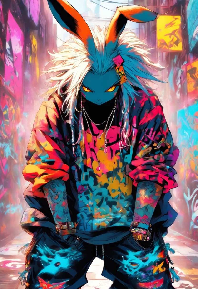 A cool and trendy rabbit, white hair, yellow eyes, wearing trendy hip hop clothing, wearing a hoodie, graphic t-shirt and torn jeans, tons of tattoos and piercings, graffiti style background, highly detailed background, perfect masterpiece, high quality, high resolution