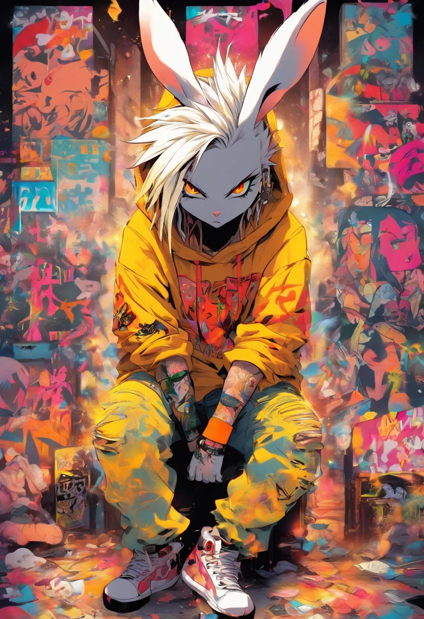 A cool and trendy rabbit, white hair, yellow eyes, wearing trendy hip hop clothing, wearing a hoodie, graphic t-shirt and torn jeans, tons of tattoos and piercings, graffiti style background, highly detailed background, perfect masterpiece, high quality, high resolution