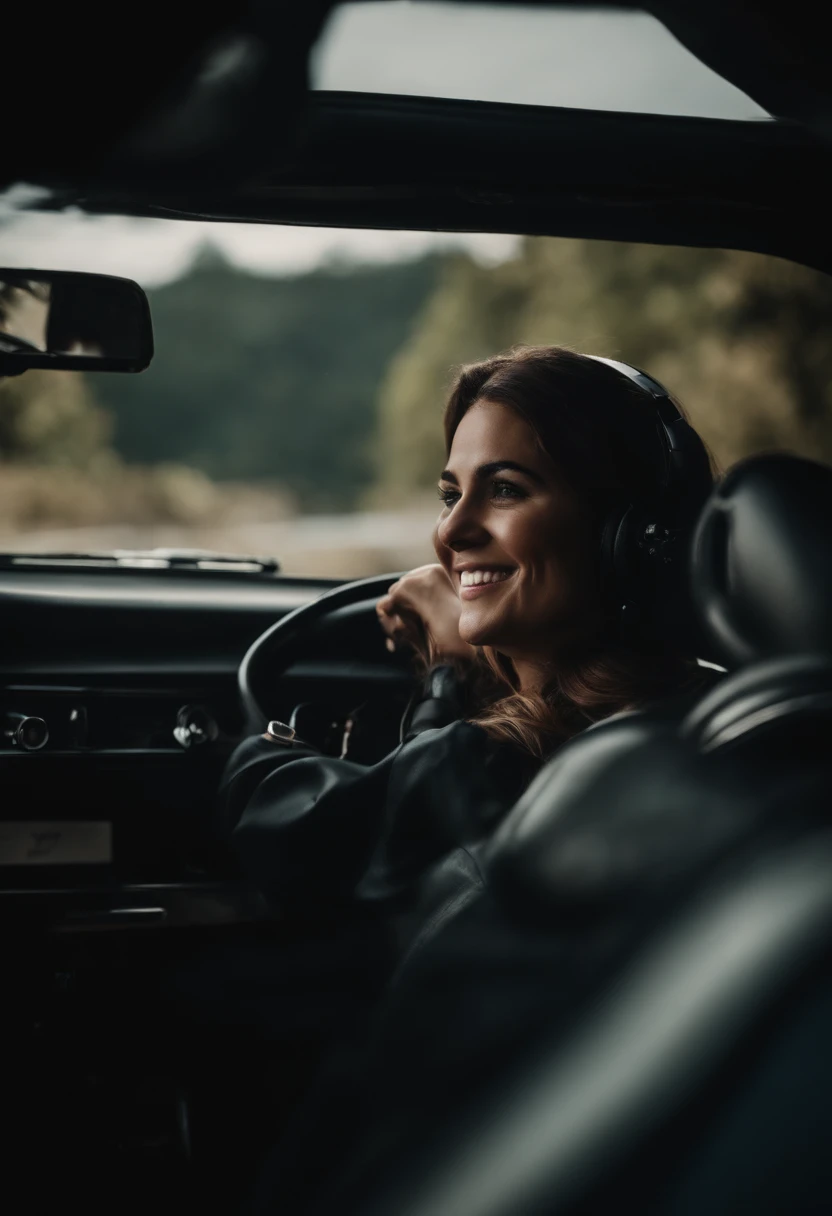 Uma imagem de um motorista sorridente, listening to relaxing music, enquanto espera pacientemente no engarrafamento.