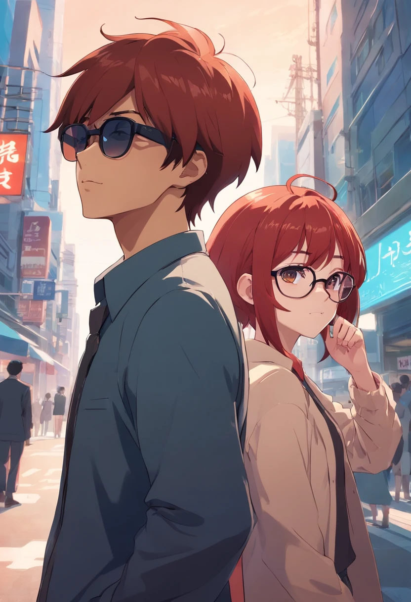black gangster boy with sunglasses, redhead girl with glasses