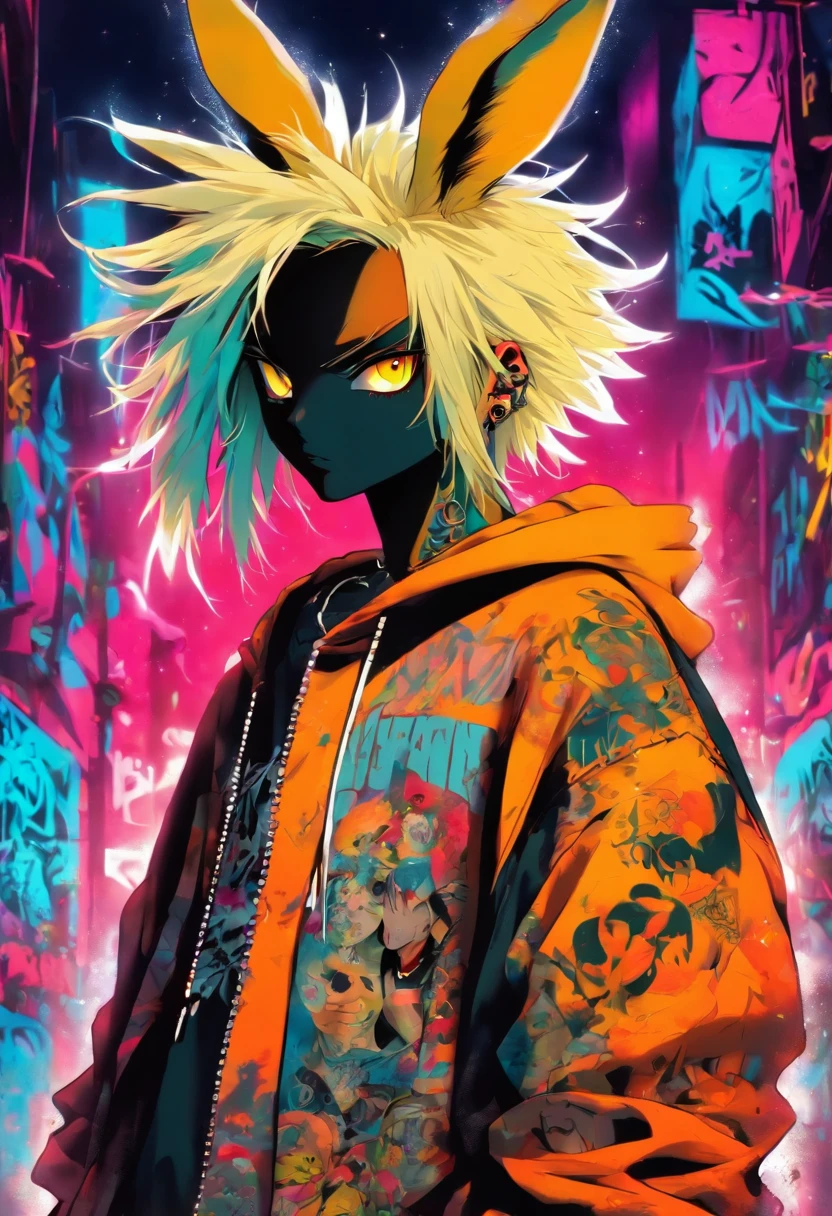 A cool and trendy rabbit, white hair, yellow eyes, wearing trendy hip hop clothing, wearing a hoodie, graphic t-shirt and torn jeans, tons of tattoos and piercings, graffiti style background, highly detailed background, perfect masterpiece, high quality, high resolution
