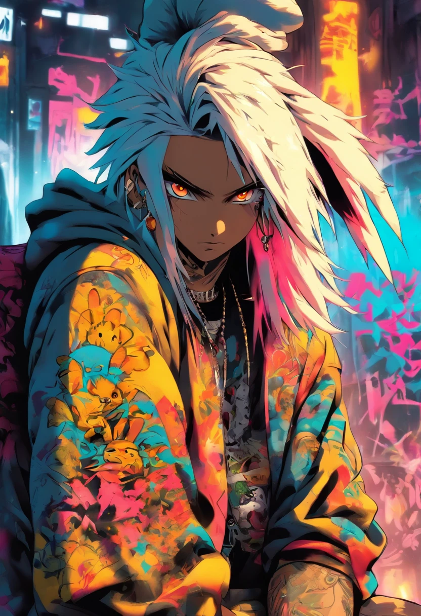 A cool and trendy rabbit, white hair, yellow eyes, wearing trendy hip hop clothing, wearing a hoodie, graphic t-shirt and torn jeans, tons of tattoos and piercings, graffiti style background, highly detailed background, perfect masterpiece, high quality, high resolution