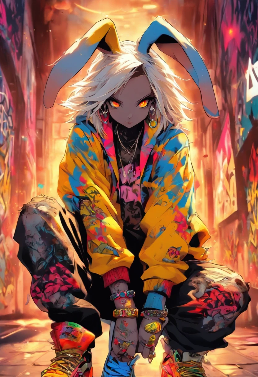 A cool and trendy rabbit, white hair, yellow eyes, wearing trendy hip hop clothing, wearing a hoodie, graphic t-shirt and torn jeans, tons of tattoos and piercings, graffiti style background, highly detailed background, perfect masterpiece, high quality, high resolution
