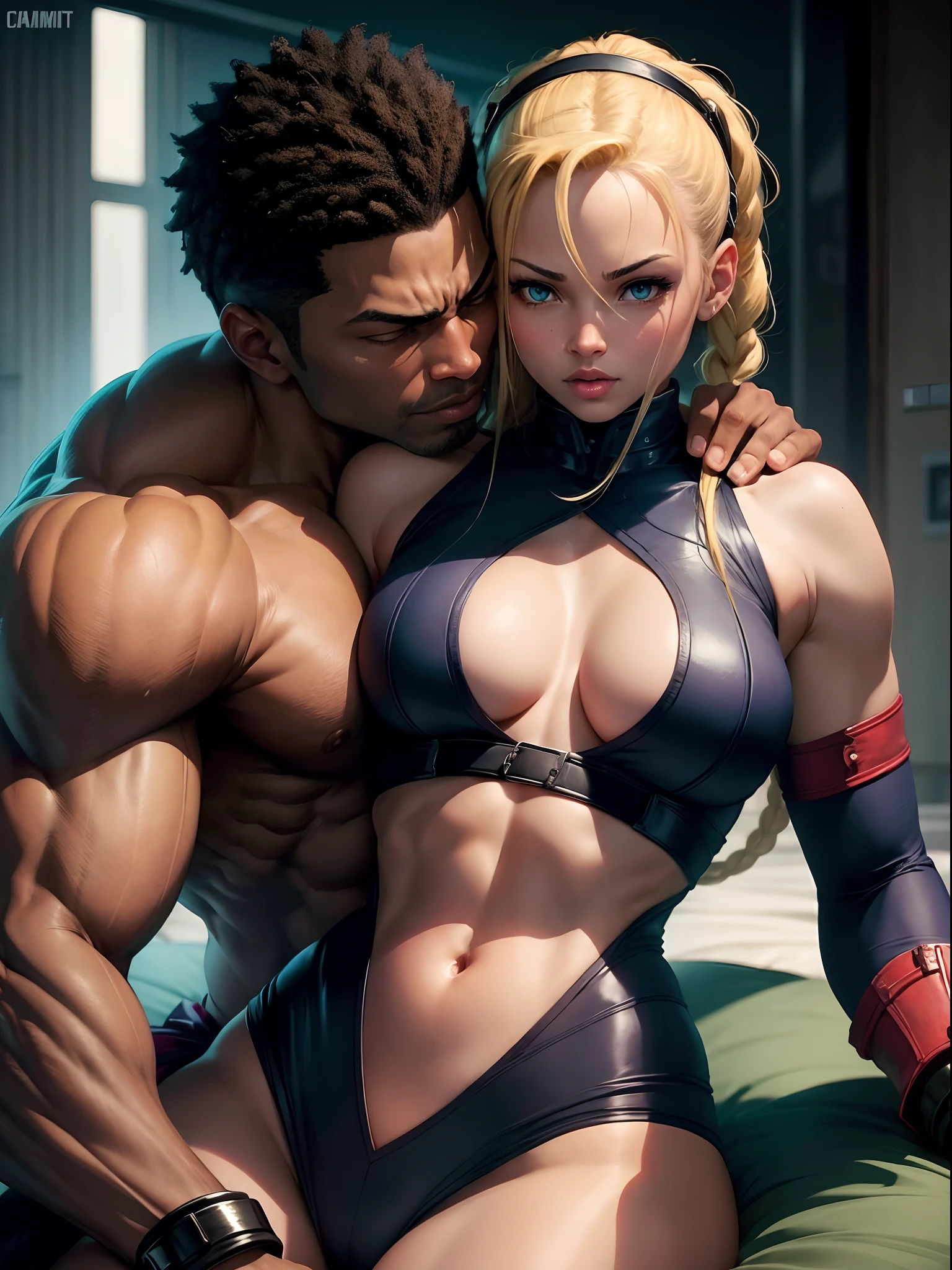 Street Fighter: Cammy romantic snuggle on a black strong man as she fall in love with him, a black strong man cuddle Cammy as if he is protect her, romantic poses