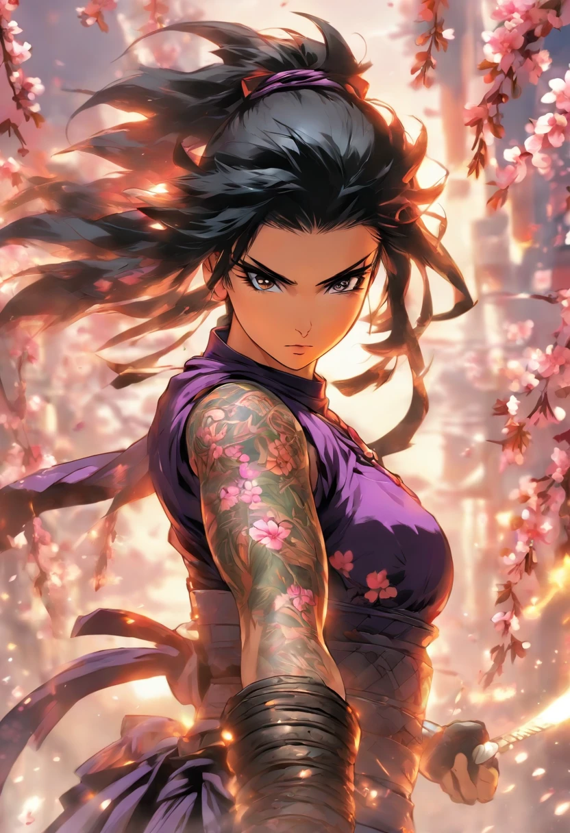 The most beautiful and sexy ninja warrior princess, black hair, purple eyes, wearing the most beautiful and incredibly detailed battle armor, tons of tattoos and piercings, cherry blossoms blowing in the wind, perfect masterpiece, high quality, high resolution