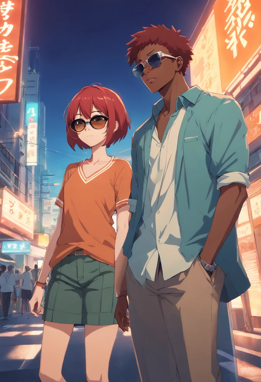 african gangster boy wearing sunglasses, redhead girl wearing glasses