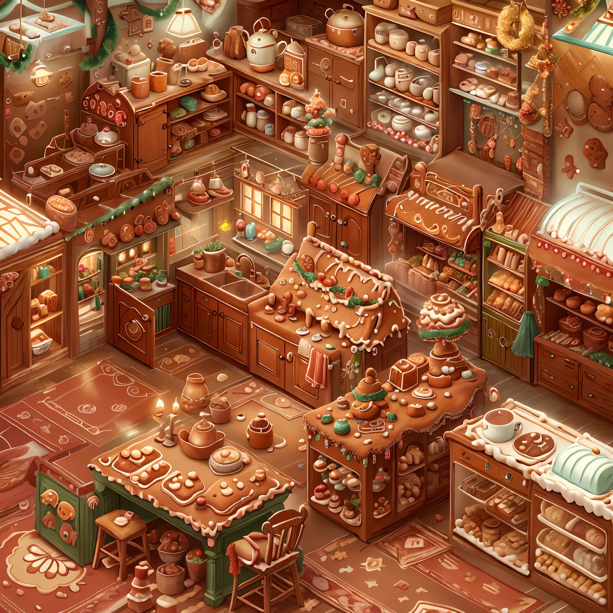 spacious，A detailed，Gingerbread AI kitchen