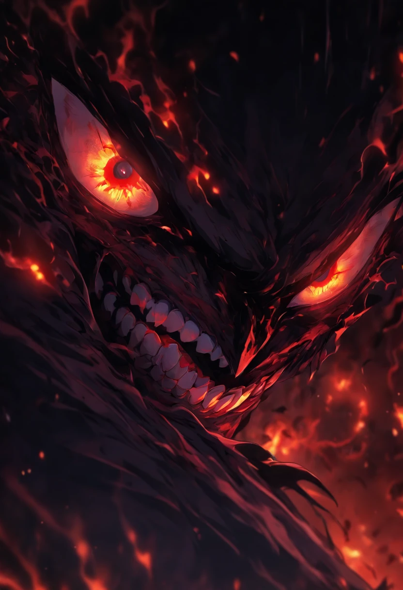 black non-human demon with red eyes, dark background with fire --auto --s2