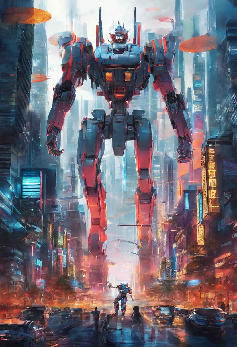 Cyberpunk Future City Giant Robot Chase Poster Master Works Fine