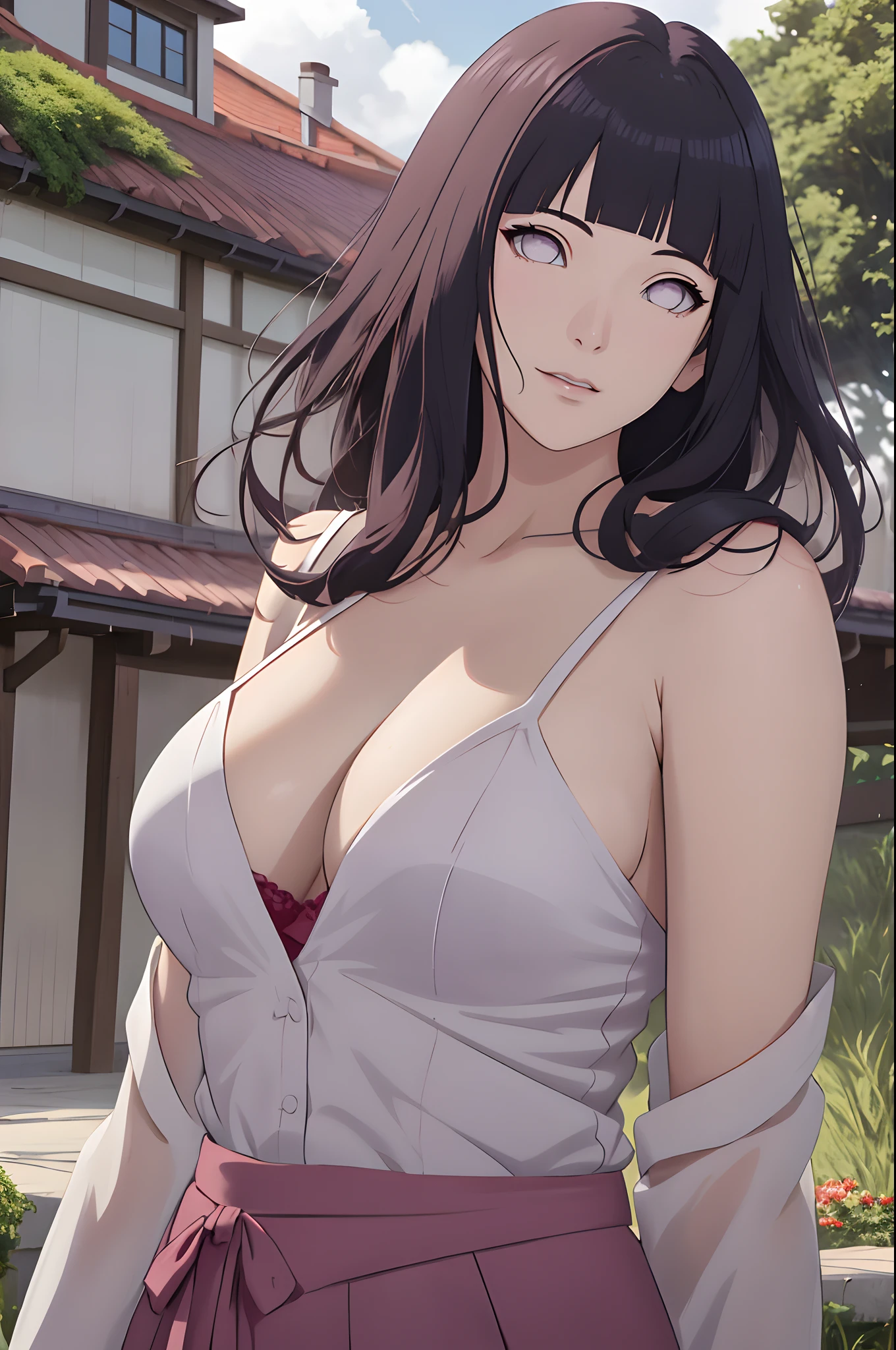 tmasterpiece， hoang lap， hyouka\（Boruto\）， 1girll， 独奏，a mature female， Purple slip dress，cleavage，Large breasts，Brown pants，exteriors，Lavender flower field， looking at viewert， （Falling petals）， mostly cloudy sky， perfect compositions， Detailed lips，， beauitful face， Body support， Be red in the face， （redish pink lips）， long whitr hair， White eyes， Soft gaze， Sad smile， Super realistic， A detailed， photoshoot， Realistick faces and bodies， photo-realistic hair， photorealistic eye，realistic nose，realistic lips