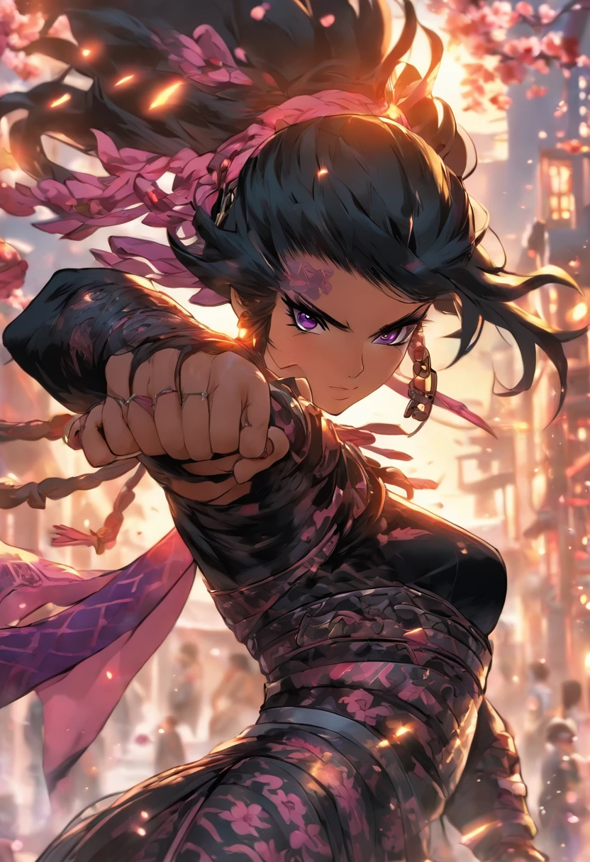 The most beautiful and sexy ninja warrior princess, black hair, purple eyes, wearing the most beautiful and incredibly detailed battle armor, tons of tattoos and piercings, cherry blossoms blowing in the wind, perfect masterpiece, high quality, high resolution