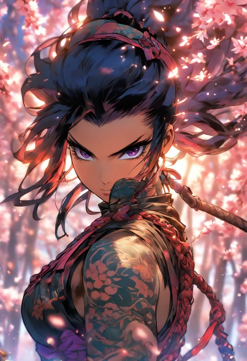 The most beautiful and  ninja warrior princess, black hair, purple eyes, wearing the most beautiful and incredibly detailed battle armor, tons of tattoos and piercings, cherry blossoms blowing in the wind, perfect masterpiece, high quality, high resolution