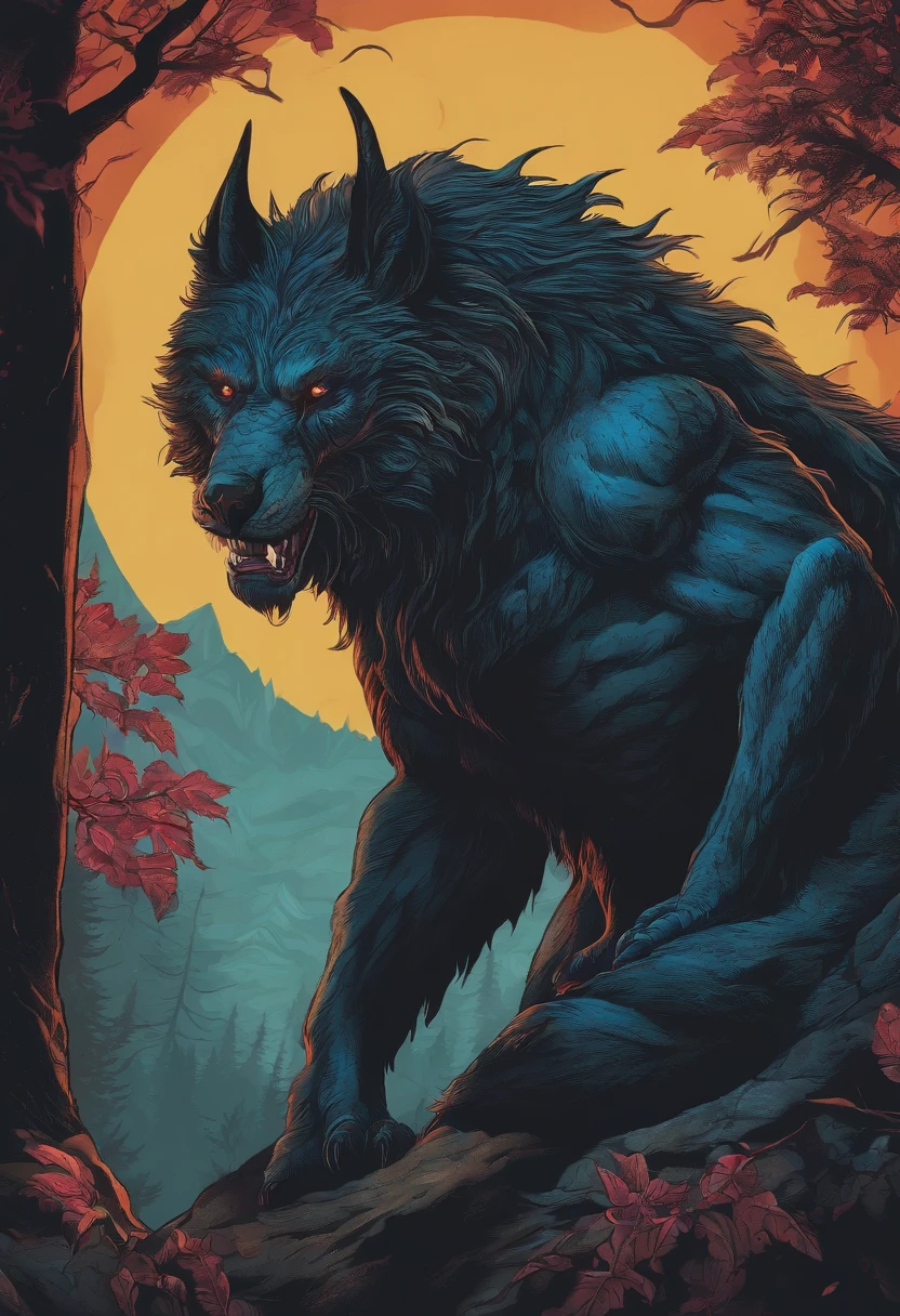 (Masterpiece detailed high image quality) "Black color with blue eyes" wolf dangerous forest, midnight, full moon. 1 solo lobe. ( Front angle of image) ( image open)