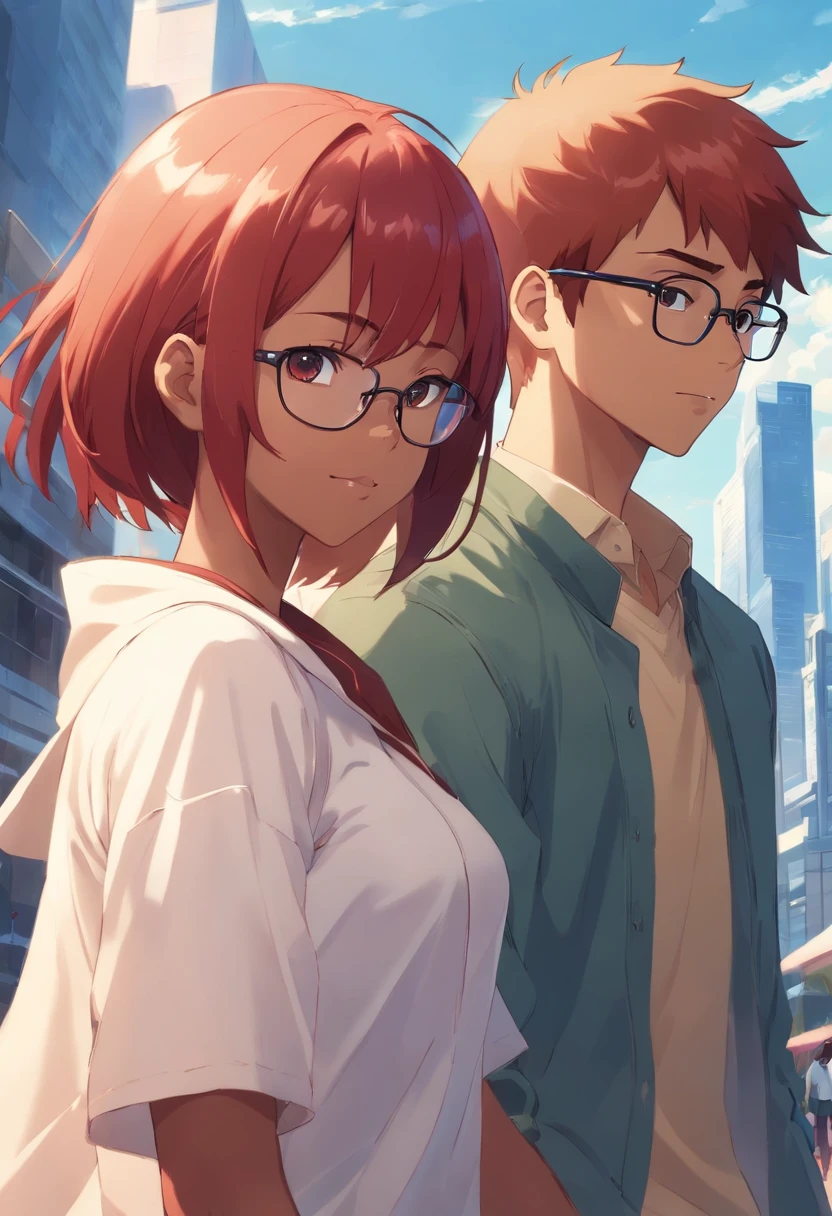bald african boy, redhead girl wearing glasses