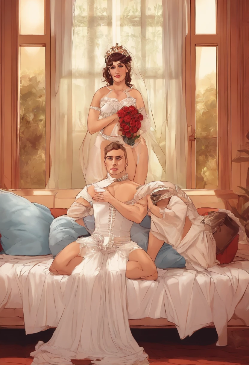 Cross-dressing young father in bondage and bride costume in underwear hiding from wife and incest with son