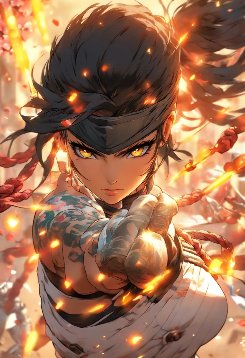 a poster, 1 girl, A girl is practicing Chinese sword, wear kungfu master cloth, chinese traditional ink style, sword, Kungfu, main color is black and white and orange ink, orange background, dynamic movement, dynamic pose, movement, full body::1 Amazing Vector in oil painting cinematic, diorama, intricate detail, Dan Mumford, ,dust, sand, poster style