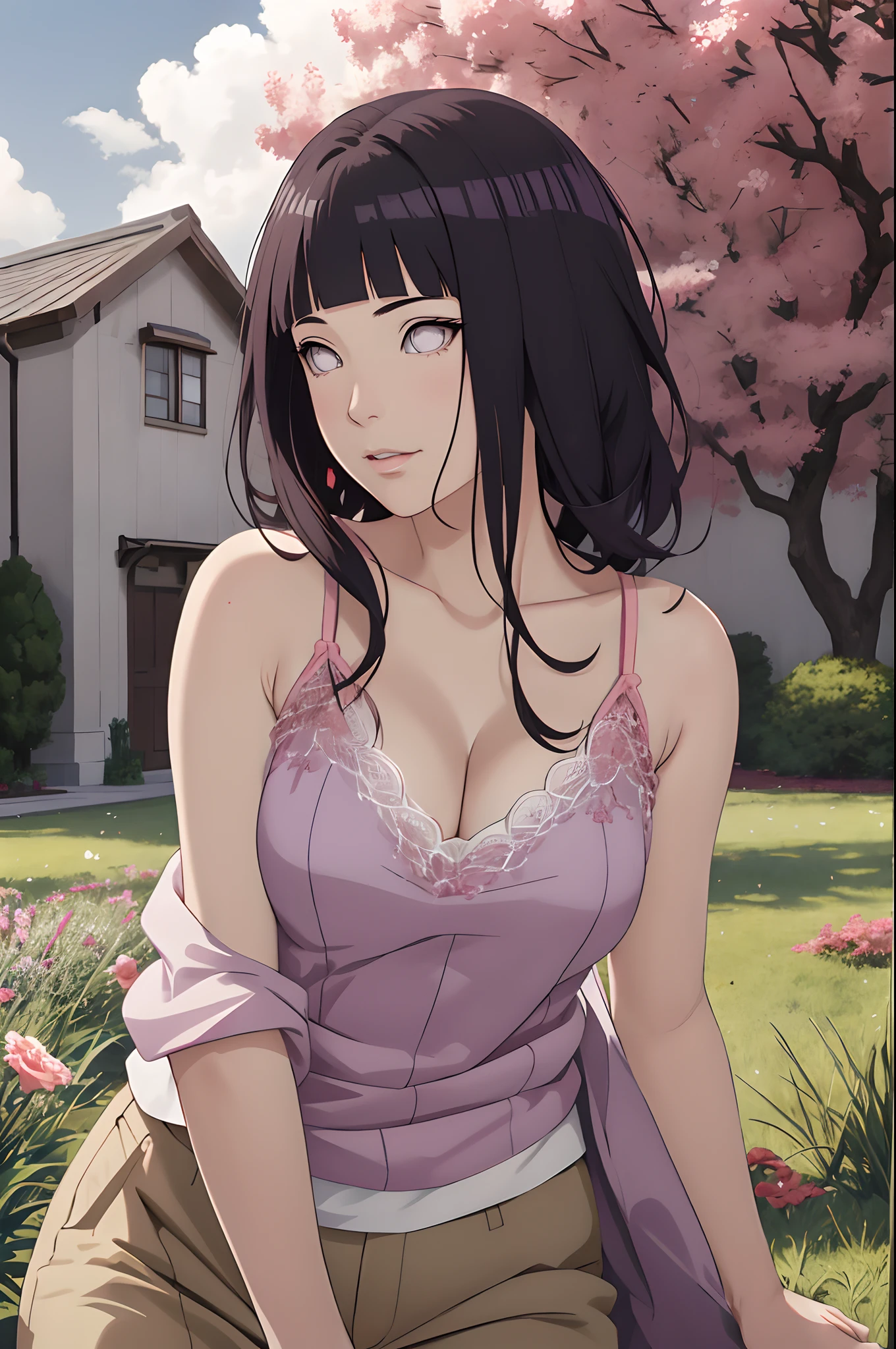 tmasterpiece, hoang lap, hyouka\(Boruto\), 1girll, 独奏,a mature female, Purple slip dress,cleavage,Large breasts,Brown pants,exteriors,Lavender flower field, looking at viewert, (Falling petals), mostly cloudy sky, perfect compositions, Detailed lips,, beauitful face, Body support, Be red in the face, (redish pink lips), long whitr hair, White eyes, Soft gaze, Sad smile, Super realistic, A detailed, photoshoot, Realistick faces and bodies, photo-realistic hair, photorealistic eye,realistic nose,realistic lips