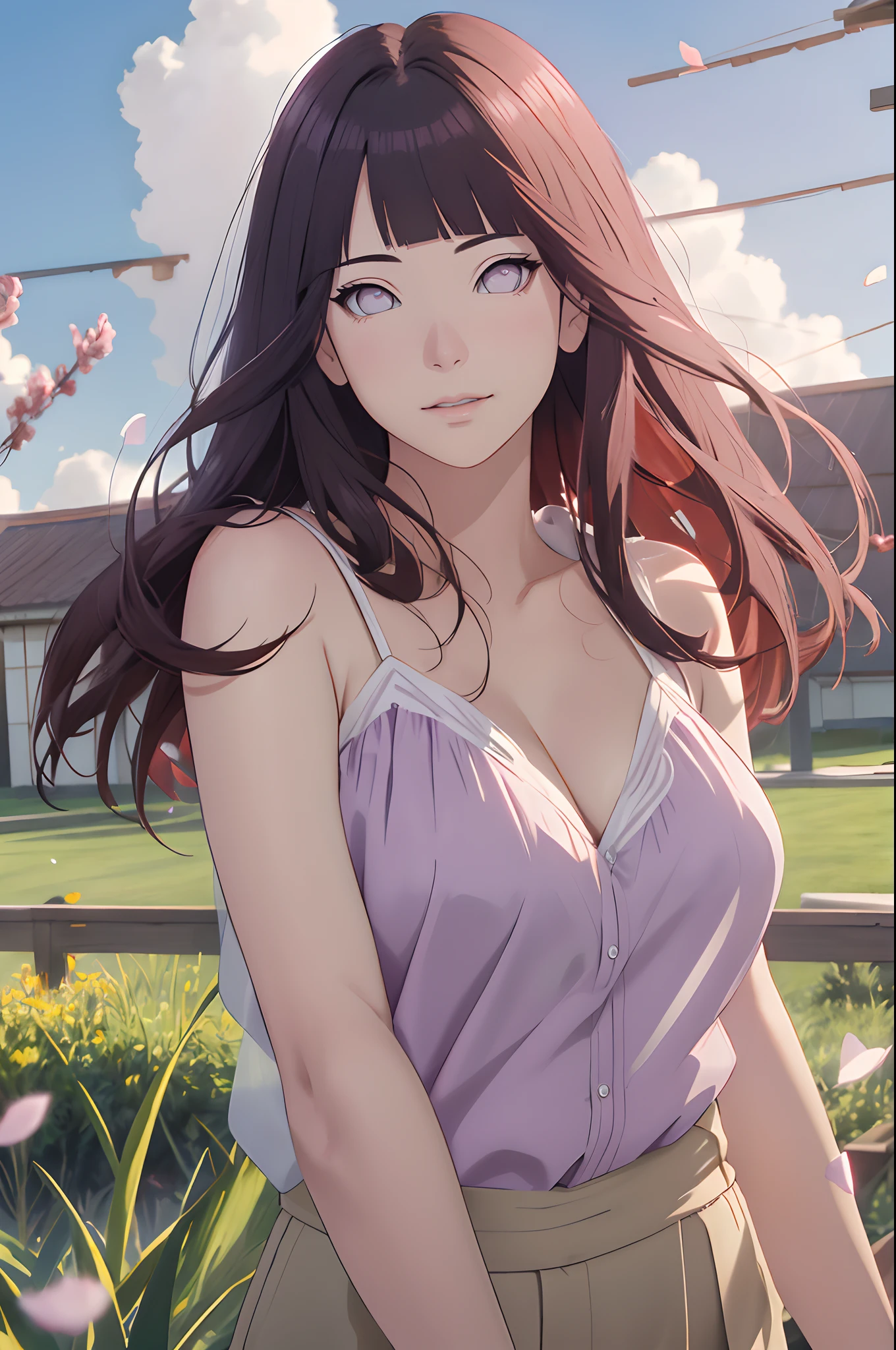 tmasterpiece， hoang lap， hyouka\（Boruto\）， 1girll， 独奏，a mature female， Purple slip dress，cleavage，Large breasts，Brown pants，exteriors，Lavender flower field， looking at viewert， （Falling petals）， mostly cloudy sky， perfect compositions， Detailed lips，， beauitful face， Body support， Be red in the face， （redish pink lips）， long whitr hair， White eyes， Soft gaze， Sad smile， Super realistic， A detailed， photoshoot， Realistick faces and bodies， photo-realistic hair， photorealistic eye，realistic nose，realistic lips