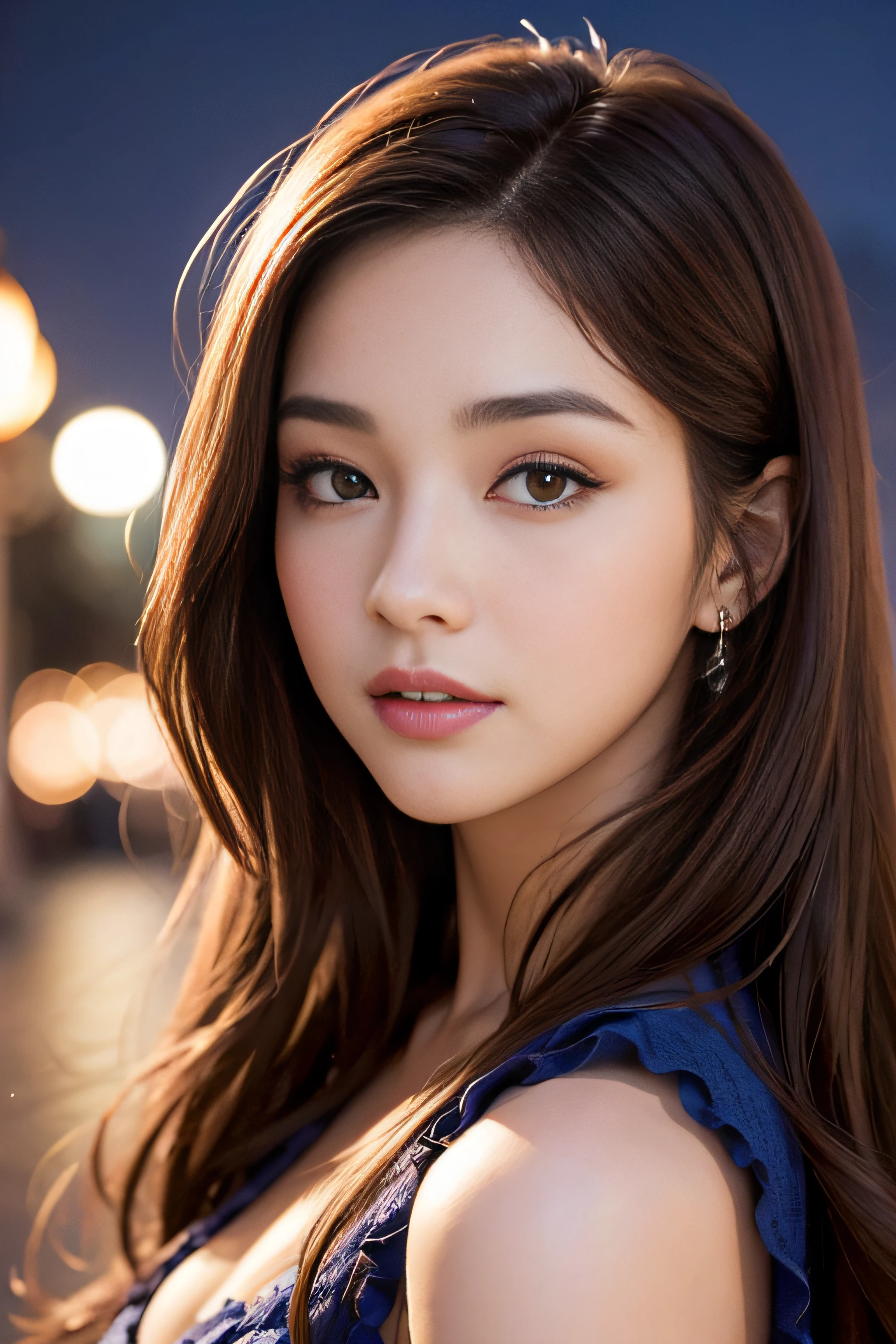 Best quality, realistic, realistic, extremely detailed, extremely delicate and beautiful, RAW photo, professional lighting, facial lighting, depth of field, single focus, full body, a 20 year old female, (night, beach, starry sky: 1.4), brown Hair, Brown Eyes, Smaller Head, Fashion Girl, Beautiful Eyes, Real Face, Real Skin, Realistic Face, Realistic Skin, Detailed Eyes, Detailed Facial Features, Detailed Clothes Features, (Fashion Clothes: 1.3 ), (Fashion hairstyle: 1.3) dynamic pose, looking at viewer, detailed face and chest, (pureerosface_v1:0.33), (ulzzang-6500:0.33),