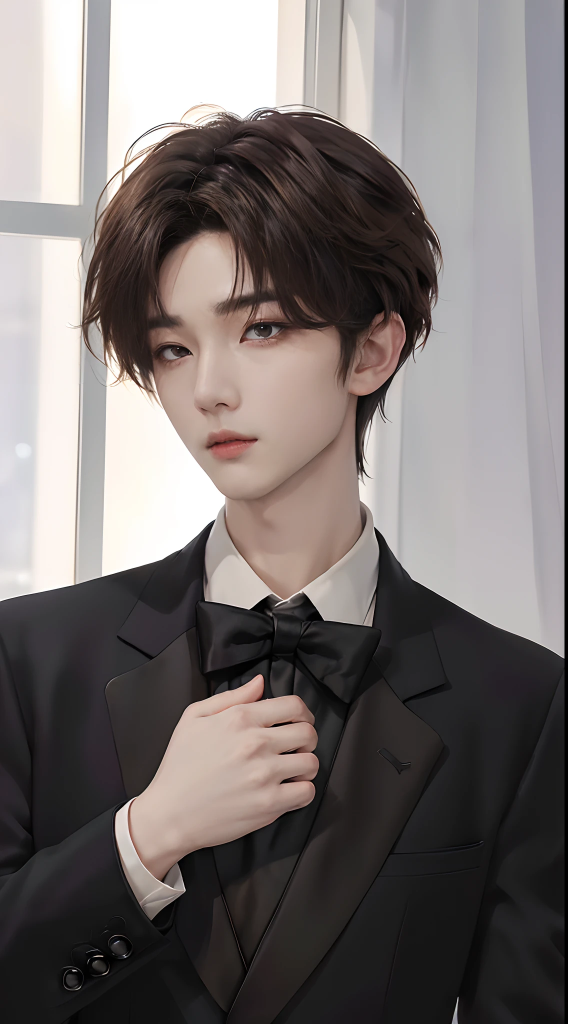 ((4K works))、masterpiece、(top-quality)、((high-level image quality))、((One Manly Boy))、Slim body、((Man in black tuxedo))、(Detailed beautiful eyes)、window、deacon、Face similar to Chaewon in Ruseraphim、((short hair above the ears))、((Smaller face))、((Neutral face))、((Light brown eyes))、((Korean boy))、((18year old))、((Handsome man))、((A charming expression))、((Korean Makeup))、((elongated and sharp eyes))、((Focus zoom out))、((Butler Photos))、Professional Photos、((Shot alone))、((Upper body photography))