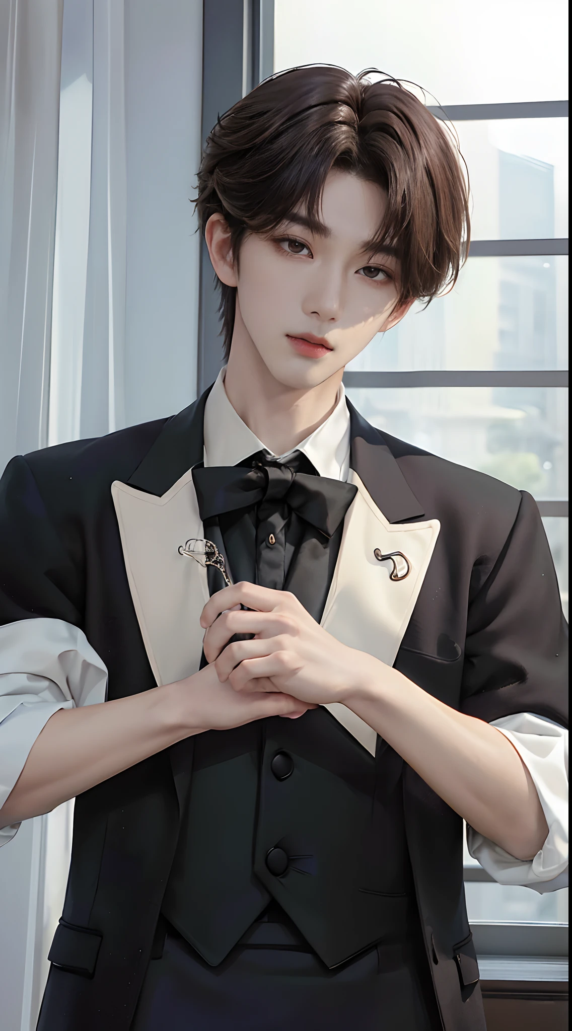 ((4K works))、​masterpiece、（top-quality)、((high-level image quality))、((One Manly Boy))、Slim body、((Man in black tuxedo))、(Detailed beautiful eyes)、window、deacon、Face similar to Chaewon in Ruseraphim、((short hair above the ears))、((Smaller face))、((Neutral face))、((Light brown eyes))、((Korean boy))、((18year old))、((Handsome man))、((A charming expression))、((Korean Makeup))、((elongated and sharp eyes))、((Focus zoom out))、((Butler Photos))、Professional Photos、((Shot alone))、((Upper body photography))