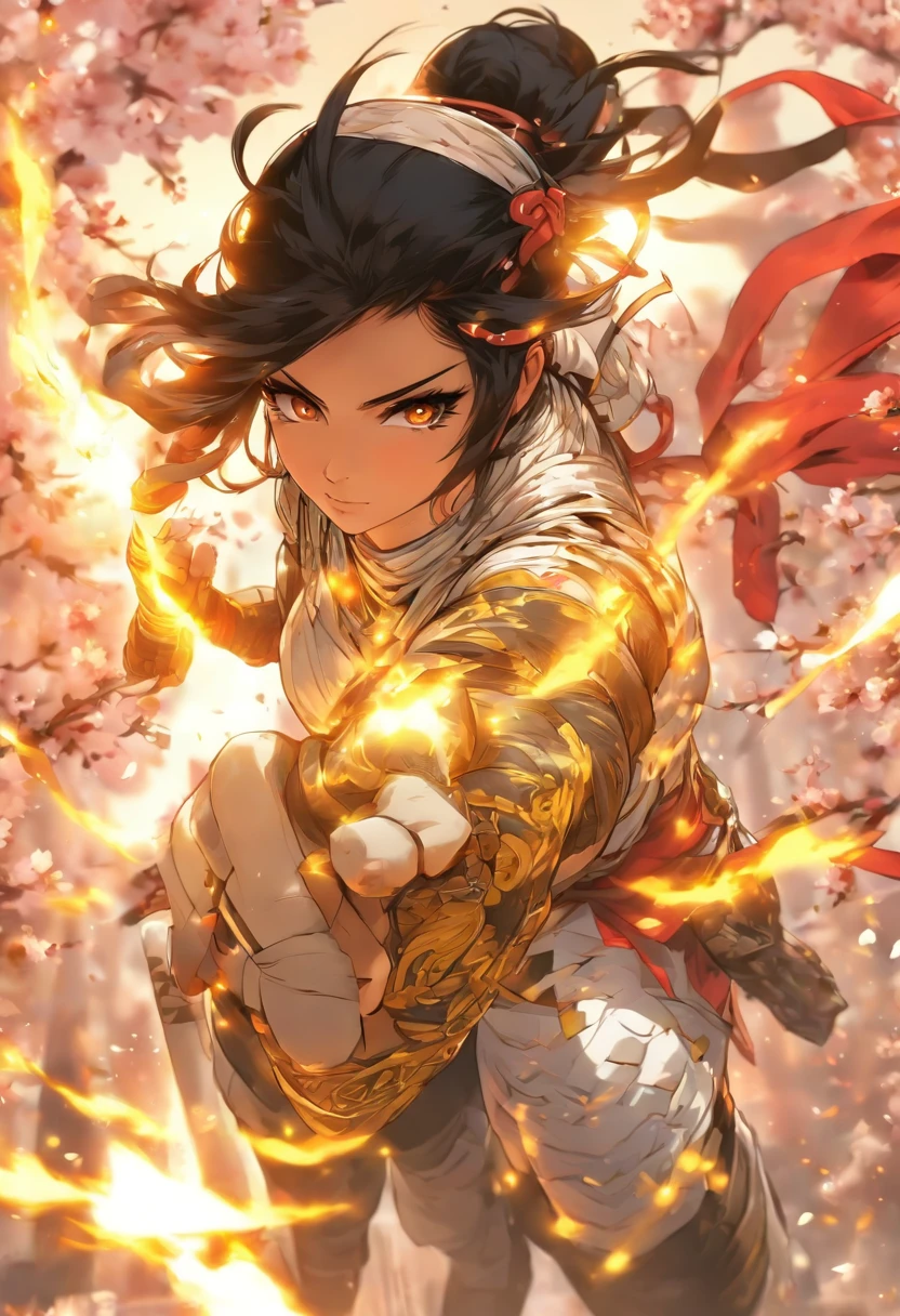 The most beautiful and sexy ninja warrior princess, black hair, yellow eyes, wearing the most beautiful and incredibly detailed all white battle armor, tons of tattoos and piercings, cherry blossoms blowing in the wind, perfect masterpiece, high quality, high resolution