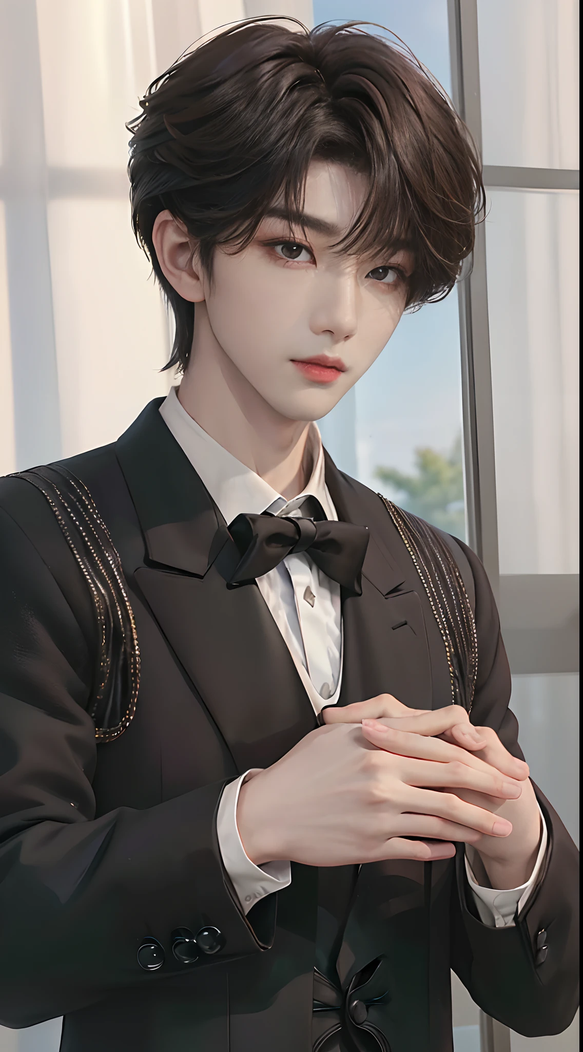 ((4K works))、masterpiece、(top-quality)、((high-level image quality))、((One Manly Boy))、Slim body、((Man in black tuxedo))、(Detailed beautiful eyes)、window、deacon、Face similar to Chaewon in Ruseraphim、((short hair above the ears))、((Smaller face))、((Neutral face))、((Light brown eyes))、((Korean boy))、((18year old))、((Handsome man))、((A charming expression))、((Korean Makeup))、((elongated and sharp eyes))、((Focus zoom out))、((Butler Photos))、Professional Photos、((Shot alone))、((Upper body photography))