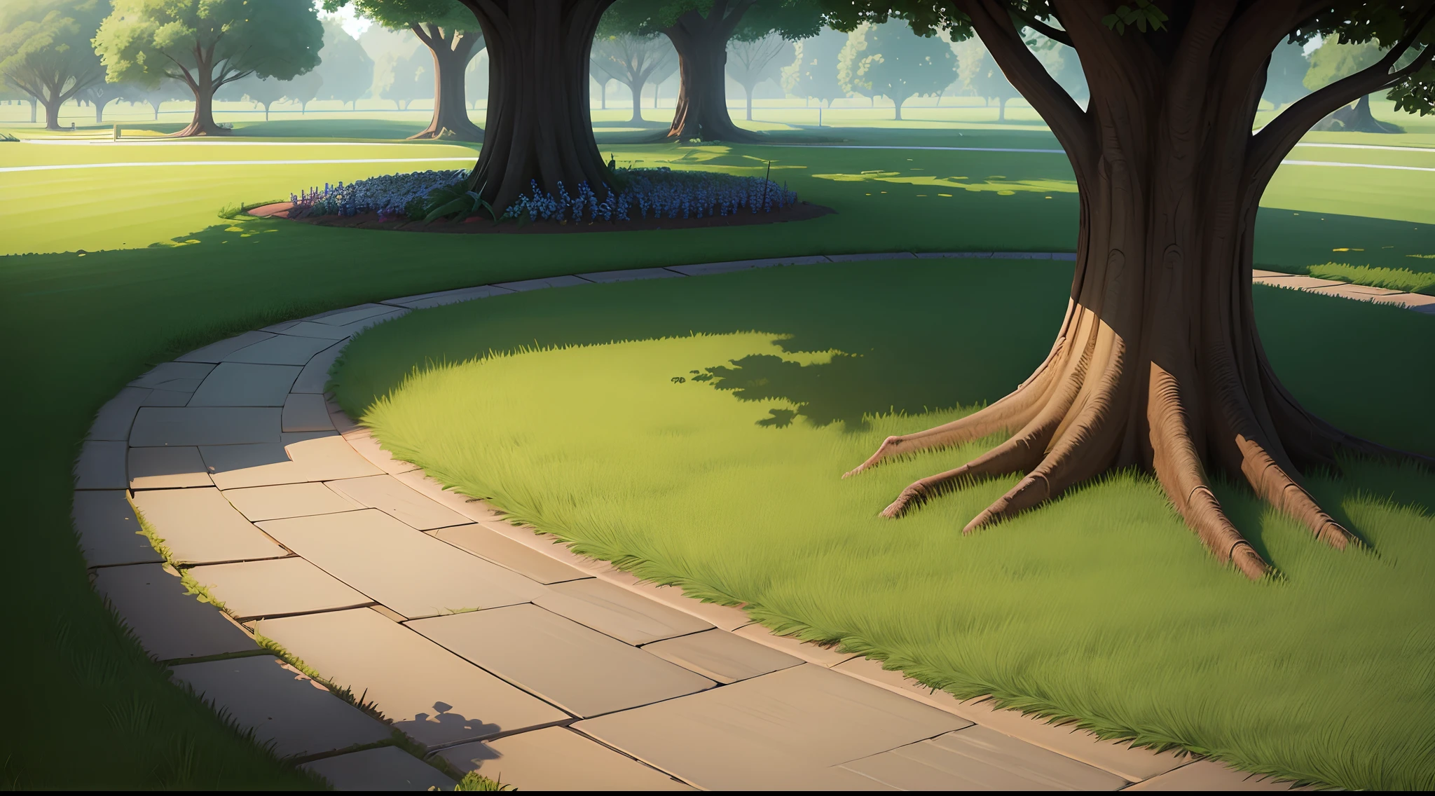 A public gardern , grass in ground , tree in cartoon