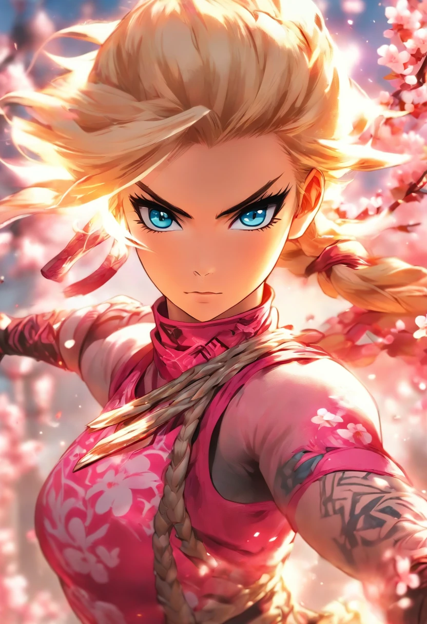 The most beautiful and sexy ninja warrior princess, blonde hair, blue eyes, wearing the most beautiful and incredibly detailed all pink battle armor, tons of tattoos and piercings, cherry blossoms blowing in the wind, perfect masterpiece, high quality, high resolution