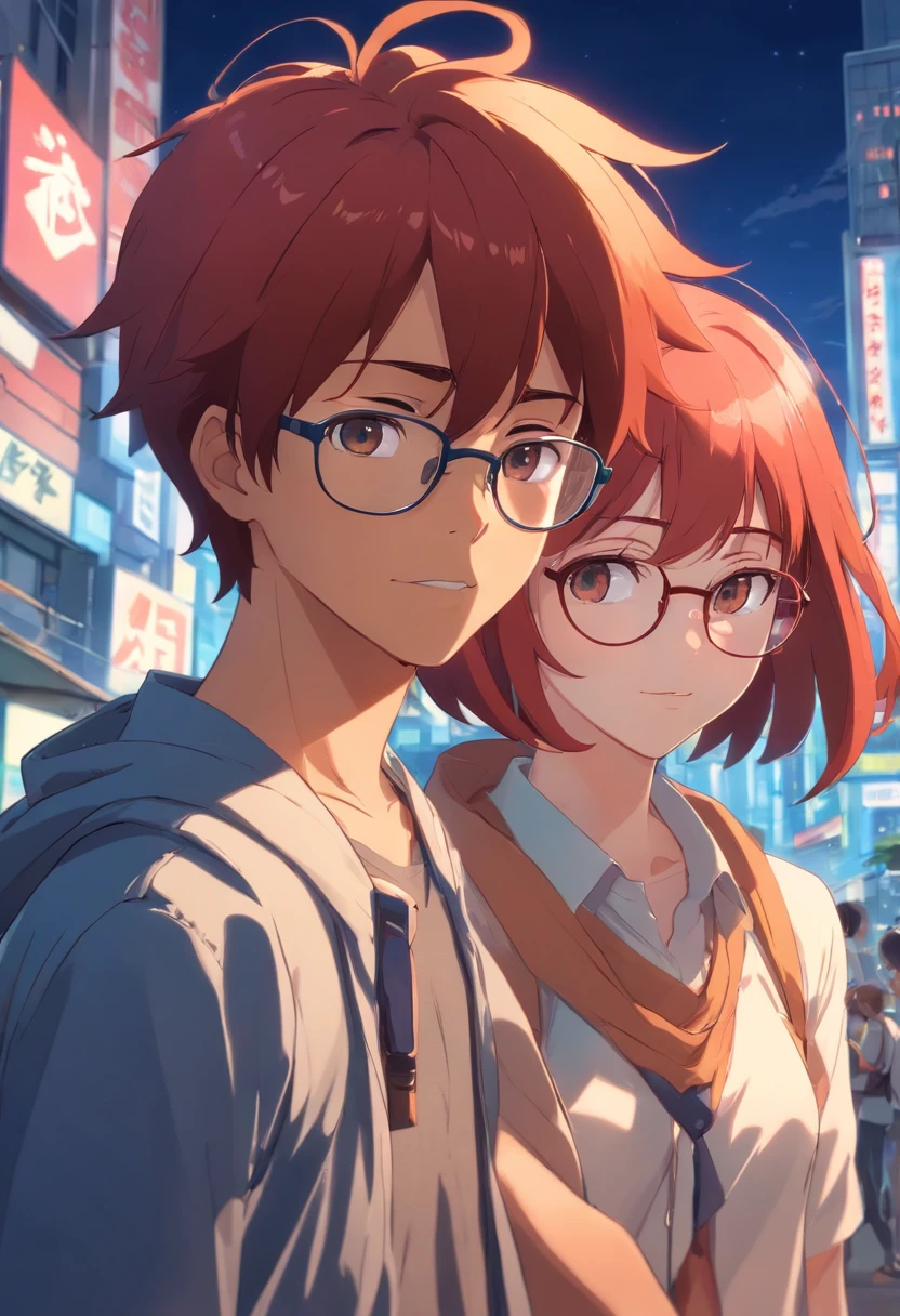 African boy with clipped hair, redhead girl with glasses