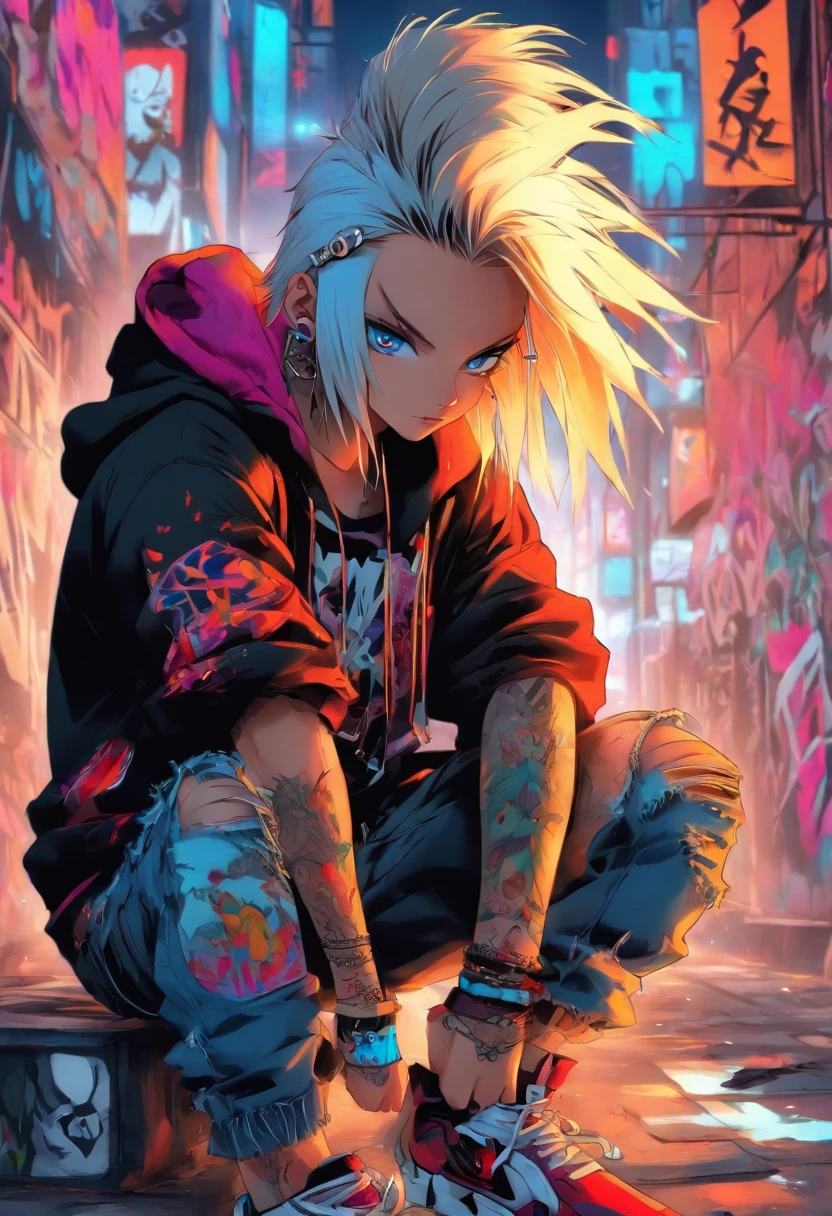 A cool and trendy rabbit, white hair, blue eyes, wearing trendy hip hop clothing, wearing a hoodie, graphic t-shirt and torn jeans, tons of tattoos and piercings, graffiti style background, highly detailed background, perfect masterpiece, high quality, high resolution