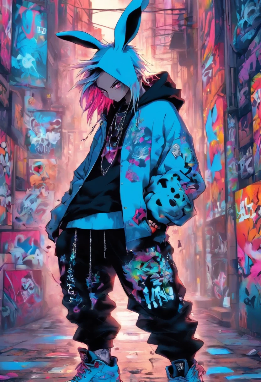 A cool and trendy rabbit, white hair, blue eyes, wearing trendy hip hop clothing, wearing a hoodie, graphic t-shirt and torn jeans, tons of tattoos and piercings, graffiti style background, highly detailed background, perfect masterpiece, high quality, high resolution