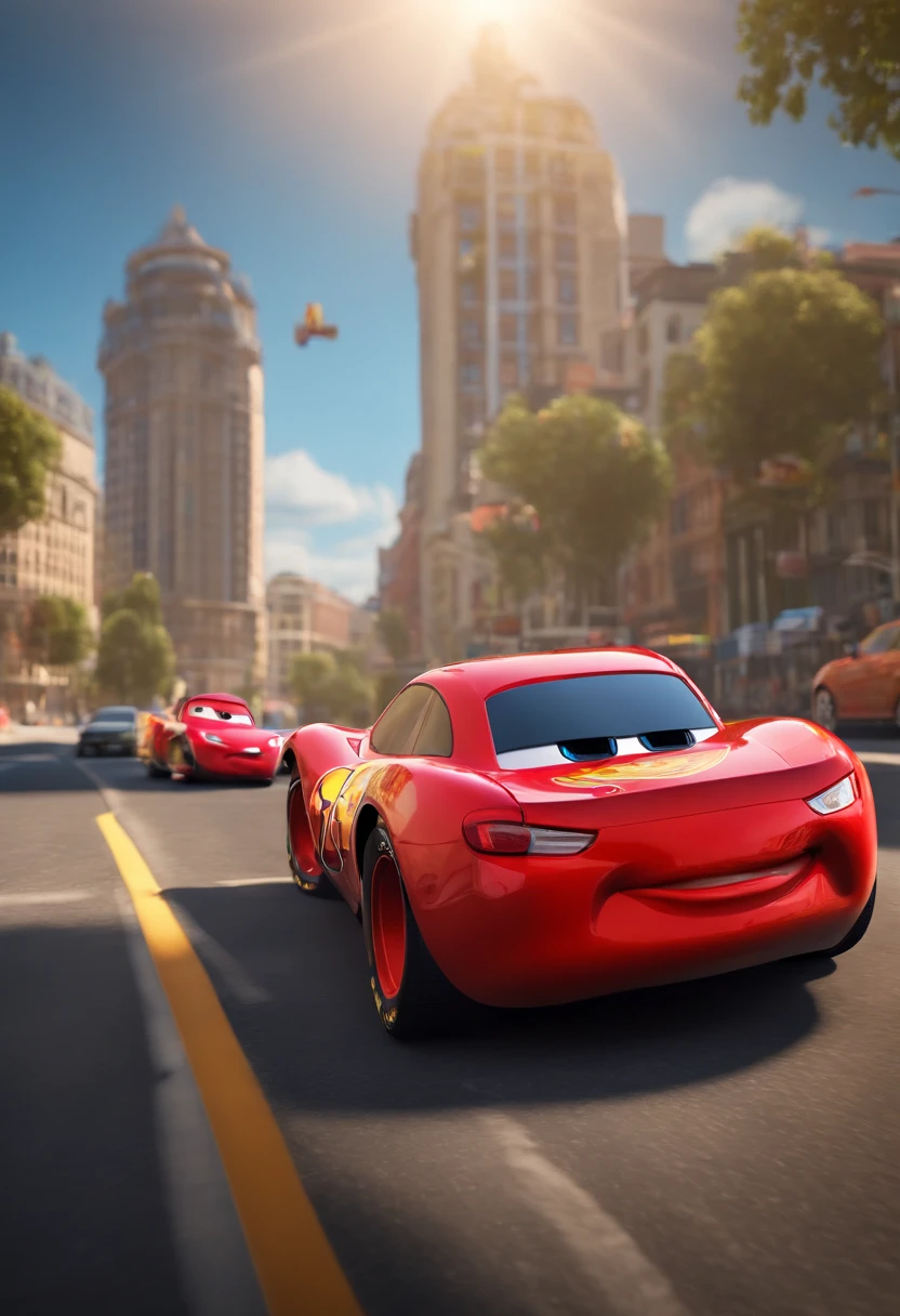 (best quality,4k,highres),ultra-detailed,realistic, Pixar family car stuck in traffic on a sunny day, Lightning McQueen style, vibrant colors, detailed exterior design, shiny metallic body, signature decals, animated expression, vibrant red color, bright daylight, bustling traffic, nearby buildings, clear blue sky, realistic shadows.