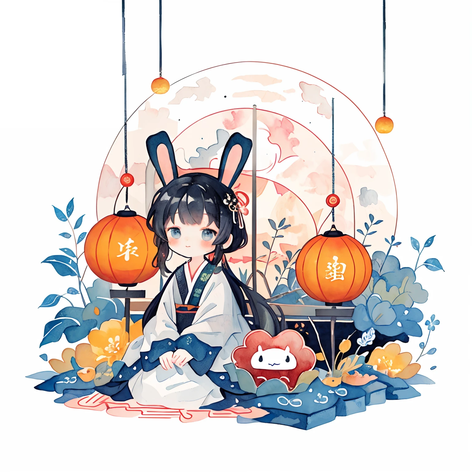 (pastelcolor:1.3)、(cute illustration:1.3)、(watercolor paiting:1.1),（A rabbit：1.4）, sat on the ground, Looking up, （（Mid-Autumn Festival atmosphere，sweet osmanthus，Kongming Lantern，Meniscus，Moon cake）），（Chinese kanji：1.3），Chinese Traditional illustration style, Digital art, Simple background, Masterpiece on white background, Best quality, Ultra-detailed, High quality, 4K