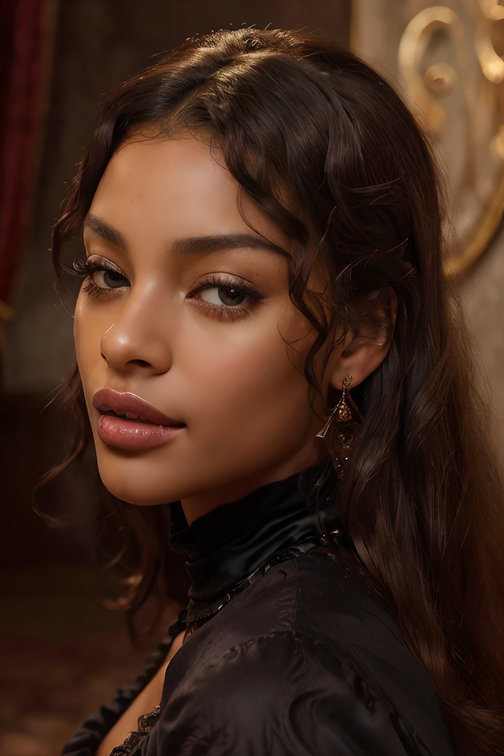 a stunning black female portrait, Her deep, ebony skin is smooth and radiant, ((she's sits in close-up)),(1 eye closed, winking)),blue velvet background, (highest quality fabric velvet texture), lush drapery with accent highlights, film quality, dark skinned woman wink, (ultra-realistic , she's in deep rich darkness ,soft accent candlelight, gorgeous Rembrandt style lighting, (Rembrandt patch), (highest quality fabric texture), crimson fabric, sienna, Her luscious, curly hair cascades down, framing her face with an aura of allure. (one striking almond-shaped eye is closed, winking), adorned with long, fluttering lashes, the color of rich, dark chocolate, a world of seduction and passion. Finely detailed,(Fine-grained), (highest detail skin texture peach-fuzz earlobe realistic) ○○ res – ultra high res(A high resolution) , very high texture res(light resolution), Realistic – Realistic Photorealistic – (photorealistic beautiful eye, pupil color, 4k) , 8K,extreme detail, close and intimate, she looks to viewer, captivating wink, teasing, looking at us,Her perfectly sculpted lips, lifelike, highly real lipgloss,painted a bold shade of crimson. she is Ingres, Vermeer, is a work of art, curvaceous and enticing. indulge in the exploration of desire.solo woman, (highest quality fabric texture), drapery flowing background, long dark hair, every detail,Fine facial features, Masterpiece – Masterpiece ○○ quality – ○○ quality best quality(Highest Quality) ,Leica film, best, solo female, High quality (hiquality) etc ○○ detailed – ○○ details ultra detailed(Ultra-fine ), Photorealistic, Extremely detailed(Extremely detailed) , Finely detailed(Fine-grained), (highest detail skin texture peachfuzz earlobe realistic) etc ○○ res – ○○ resolution ultra high res(A high resolution) , very high texture res(light resolution), Realistic – Realistic Photorealistic – photorealistic beautiful – beautiful 4k , 8K, ancient sexuality, close and intimate,