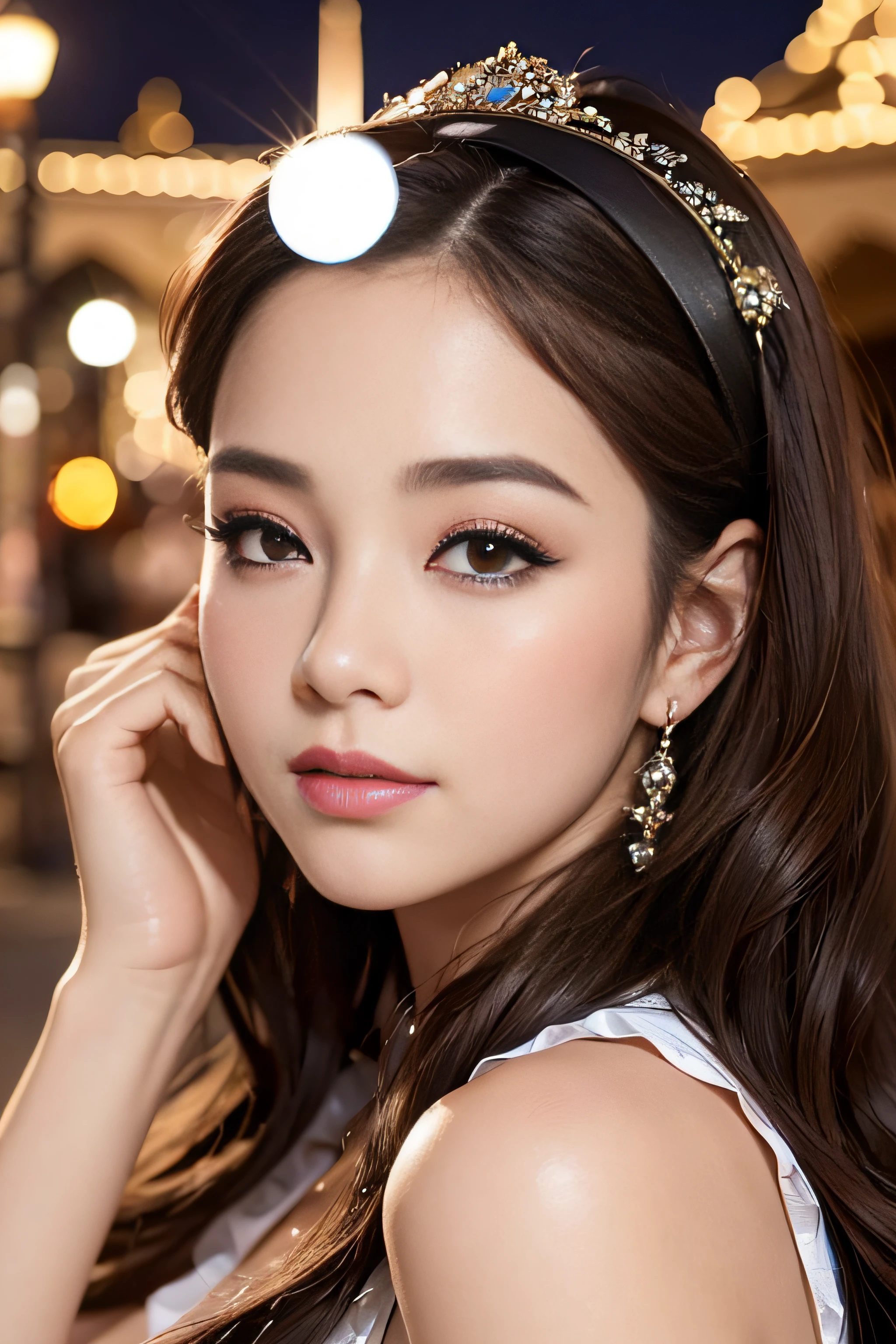 1womanl、(Solo)、(Super beautiful)、(ultra beautiful faces:1.5)、Early 20s、Disneyland by night、Wearing makeup、Brown hair、Sleeveless