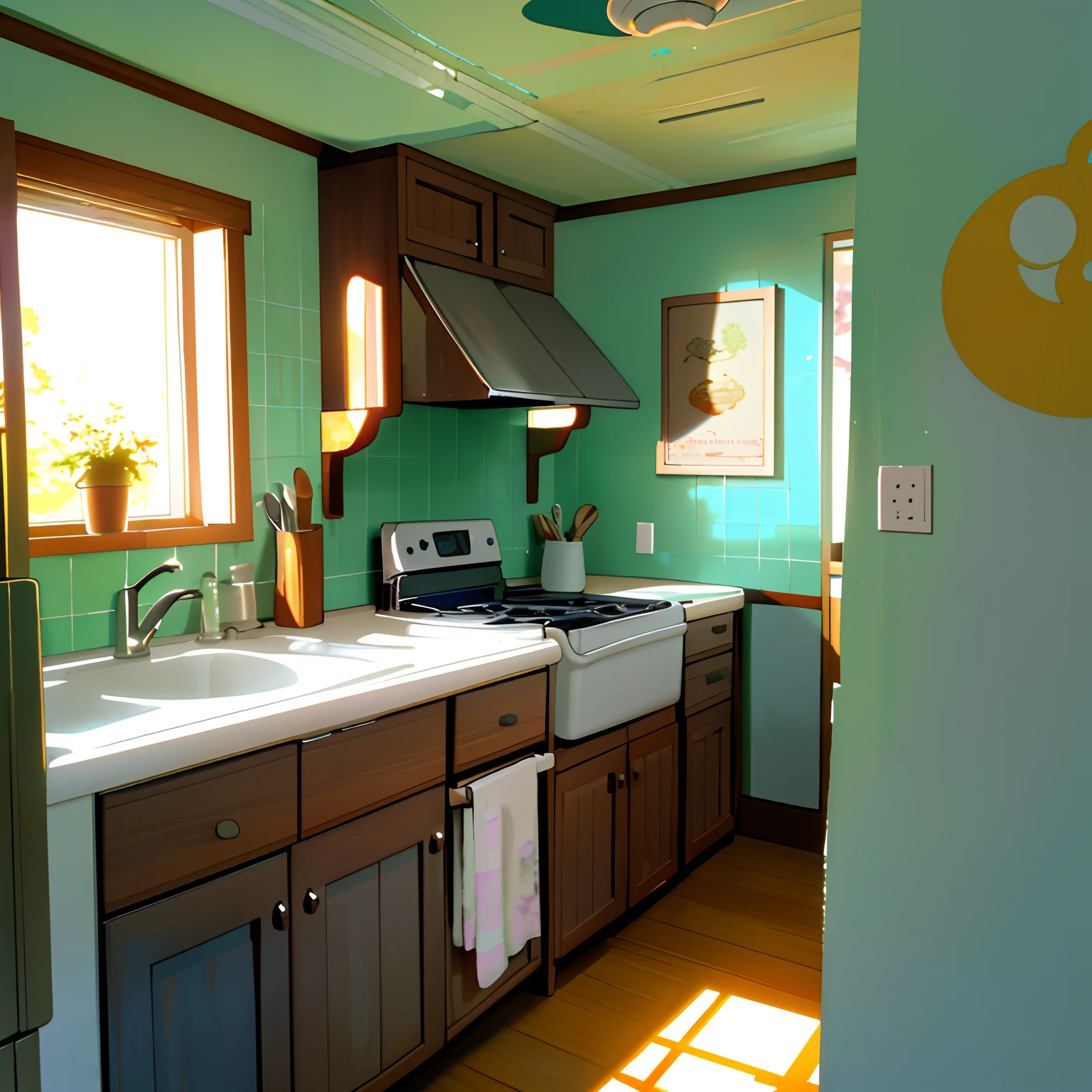 There is a kitchen with a table and a stovetop, Cozinha da casa em um dia ensolarado, paper awesome wallpaper, fundo da cozinha, detailed scenery—width 672, old kitchen backdrop, arte de fundo do anime, papel de parede de alta qualidade, cozinha iluminada por janela brilhante, papel de parede bonito, studio ghibli sunlight, Ghibli Studio Style, Arte de fundo, cena altamente detalhada, high quality desktop wallpaper