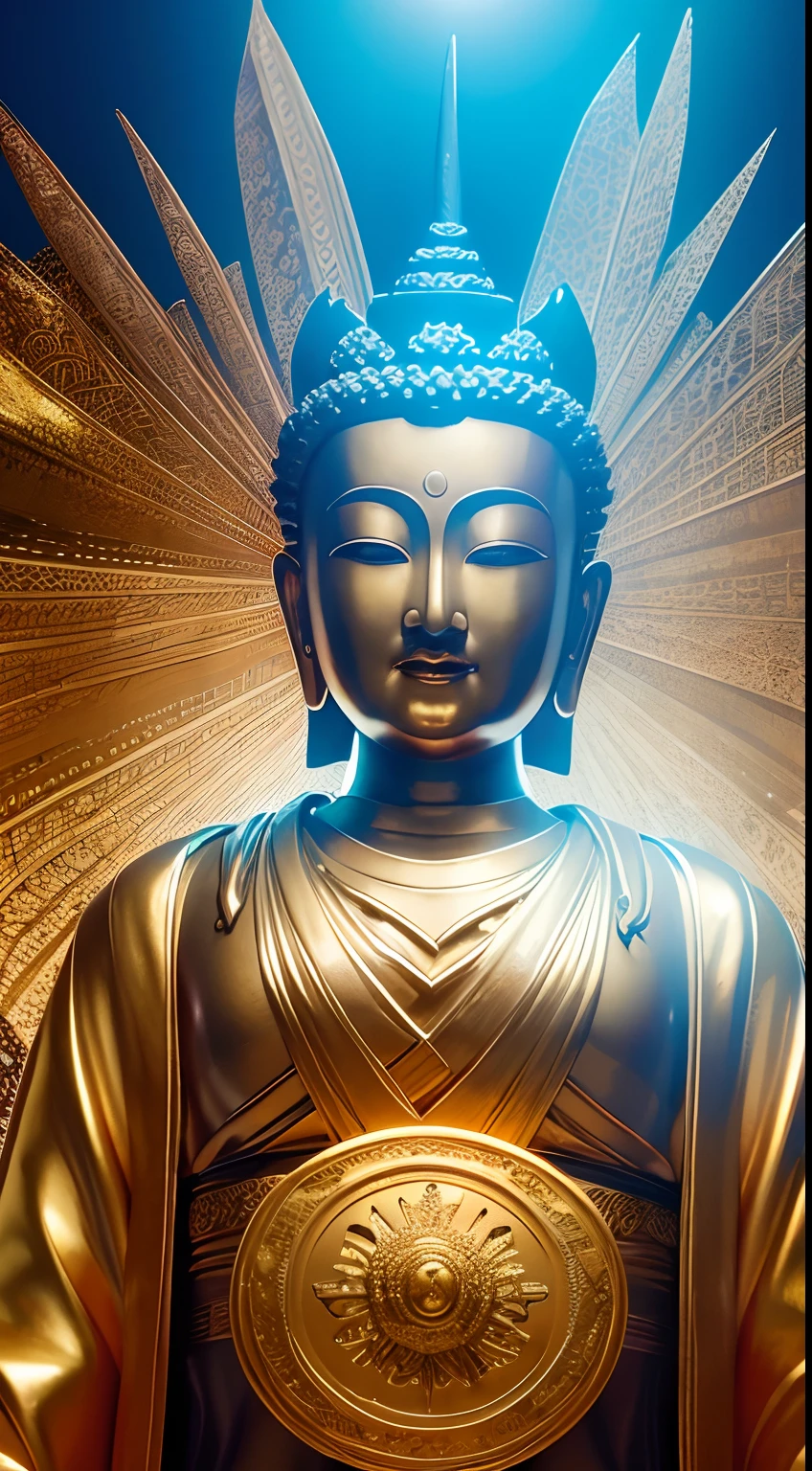 masterpiece, best quality, highres,fantastic,greatness god,bilateral symmetry,Details,upper body,1 japanese god,daikokuten,Buddhist statue sculpture, shining background,halo,golden color,golden kimono,Japanese clothing,holiness,smile