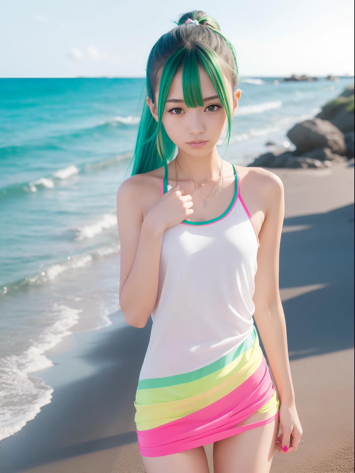 fullnude,20 years girl,masutepiece , Best Quality,Nahida(GenshinImpact) ,Two girls, Very skinny,tiny chest,Long hair ,Side Ponytail, Hair Ornament ,Street, White hair , Green hair , hand behind head:1.5,multicolored hair, elf ,toppless,Indoor swimming pool, Swim,Skinny Legs,smil,Tsundere,Happy,sit on a bench,