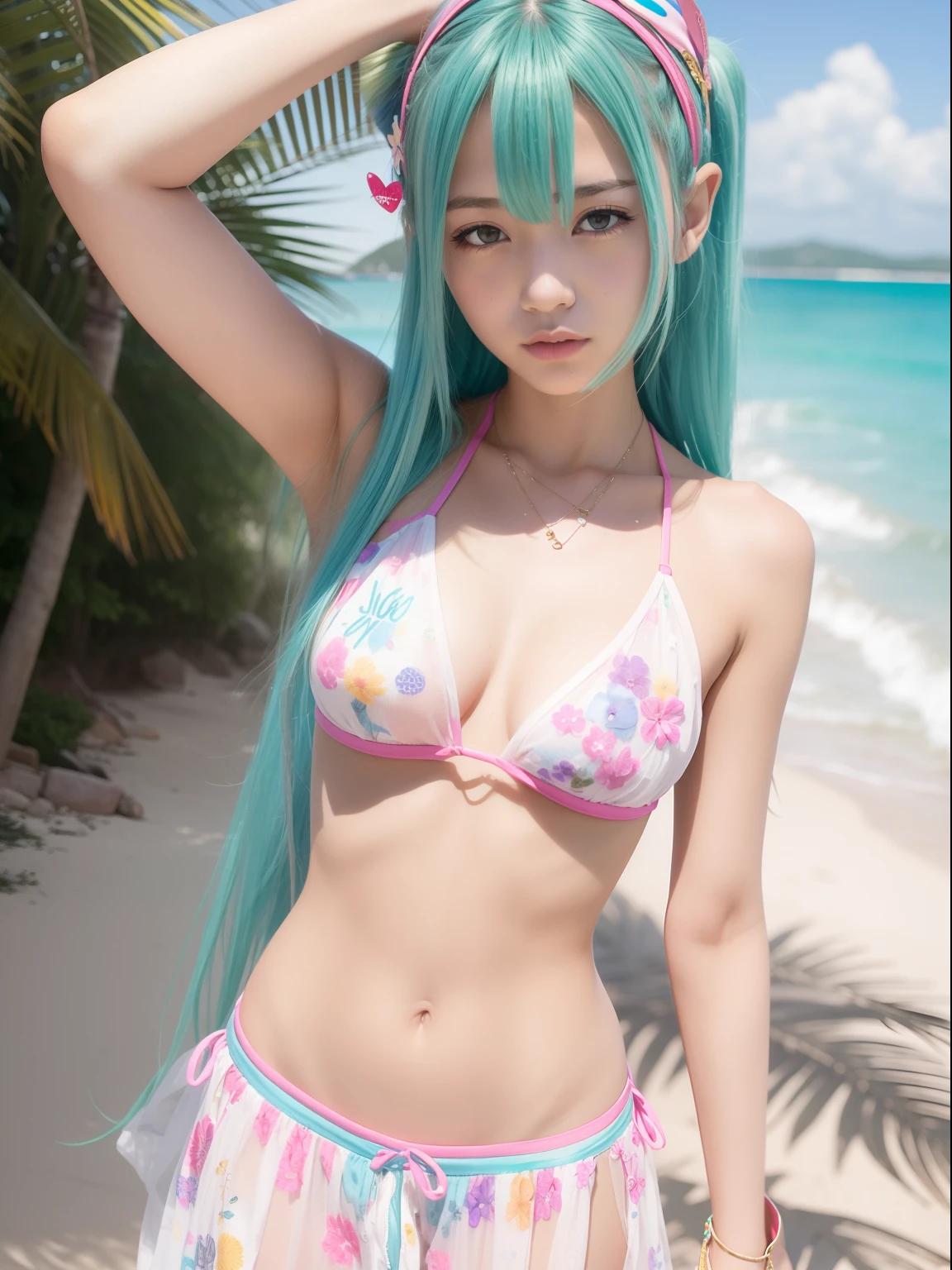 20 years girl,masutepiece , Best Quality,Nahida(GenshinImpact) ,Two girls, Very skinny,tiny chest,Long hair ,Side Ponytail, Hair Ornament ,Wear a see-through dress,Street, White hair , Green hair , hand behind head:1.5,multicolored hair, elf ,A beach crowded with people,Skinny Legs,smil,Tsundere,Bikini and colorful summer clothes,wear shirt,